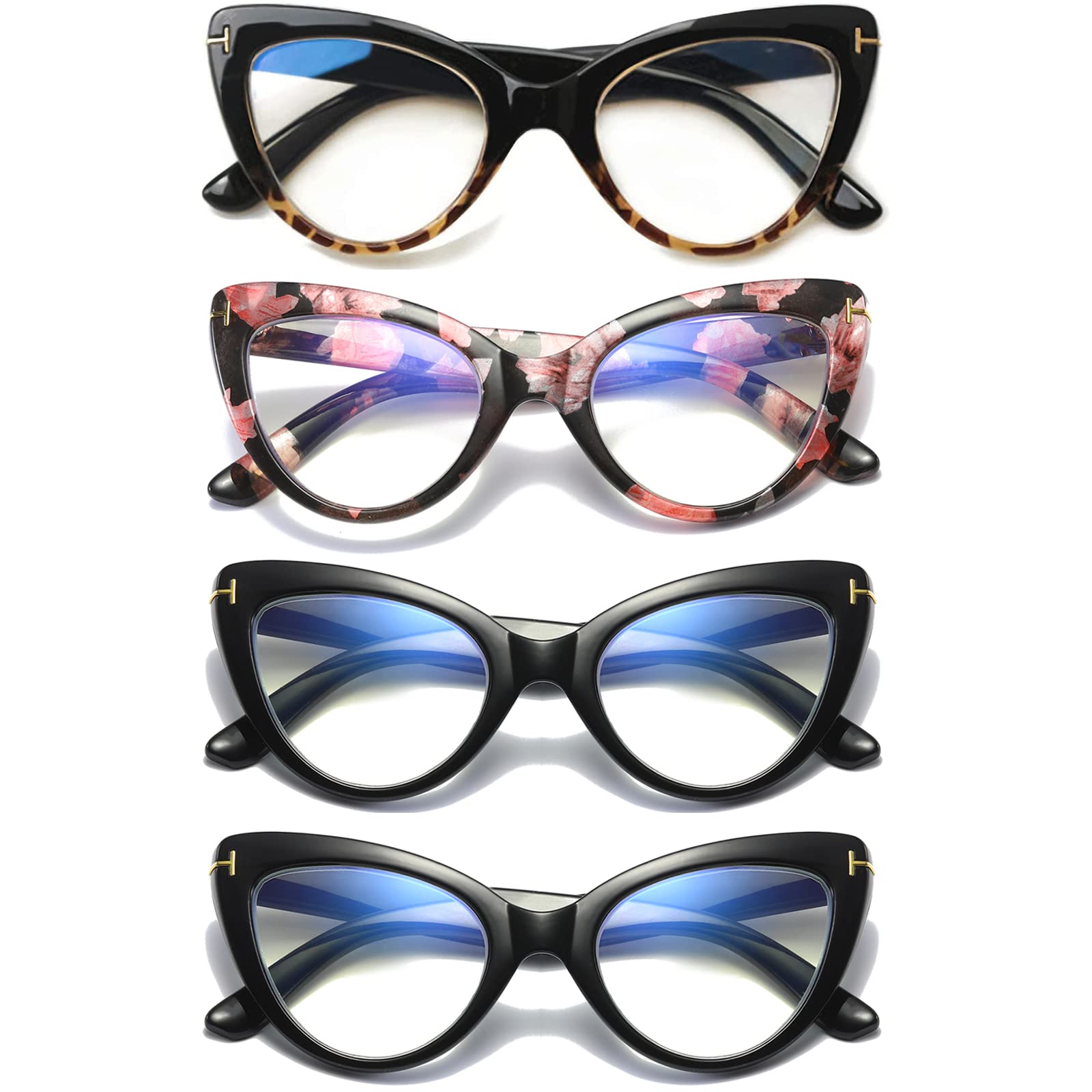4 Pack Women's Oversized Cat-Eye Blue Light Blocking Reading Glasses +1.5 | Spring Hinge Computer Glasses for Women | Perfect for Office Work, Screen Time & Reading Books