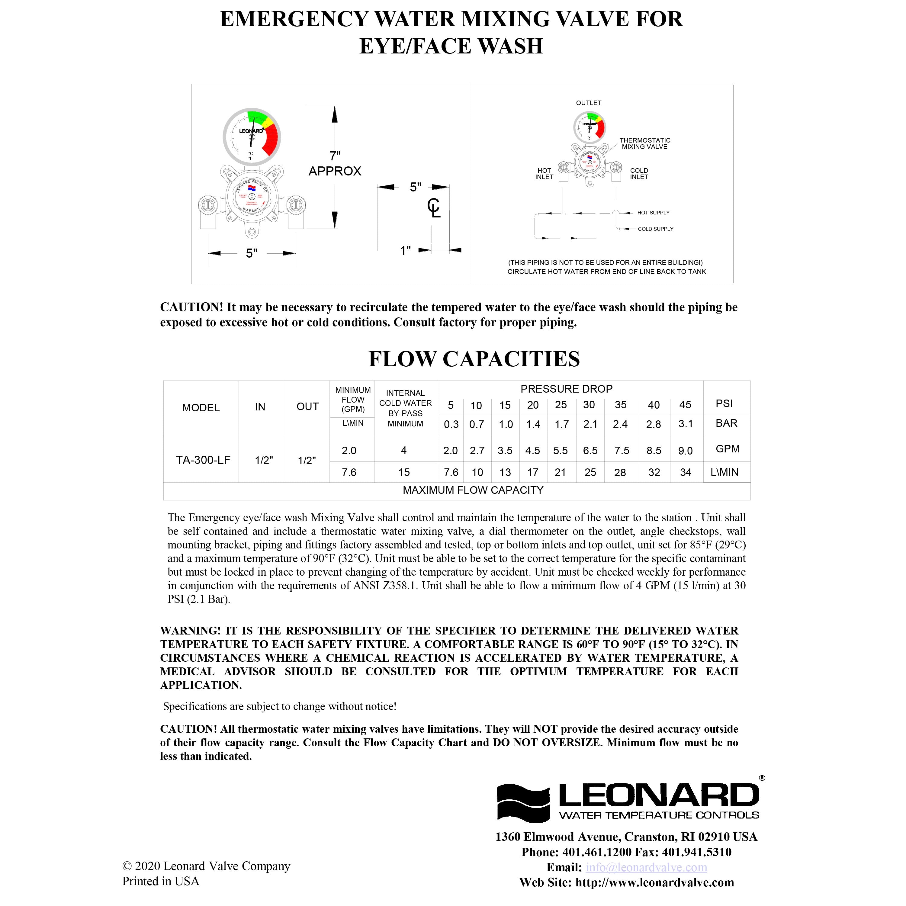 Leonard LF Single Eye/Face Wash Thermostatic Mixing Valve - 4 GPM Flow Rate, TA 300 LF Model - Perfect for Commercial Restrooms, Hospitals, and Public Wash Stations