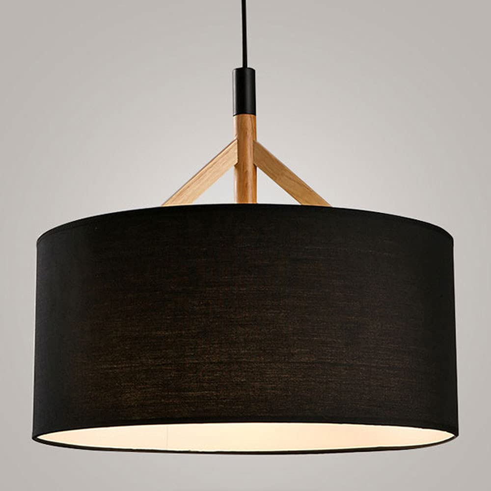 Modern Wooden Pendant Light with Fabric Shade - Black & White Drum Ceiling Fixture for Kitchen Island, Dining Room, Living Room | E27 Semi-Recessed Lighting | Home Decor & Interior Design