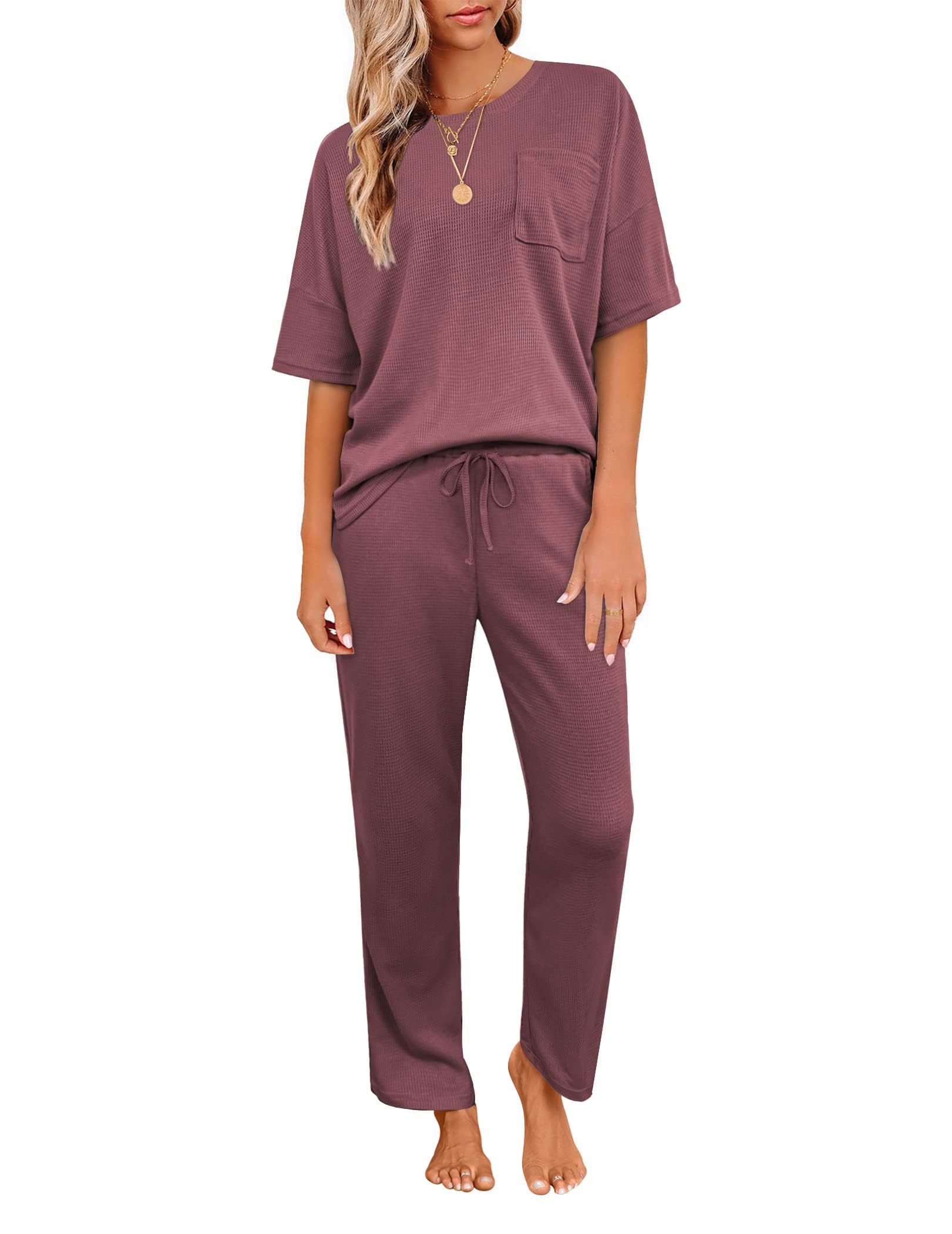JiniGolla Women's Waffle Knit Pajama Set - Soft Short Sleeve Top & Long Pants Sleepwear for Lounge & Nighttime Comfort | Cozy Homewear, Perfect for Relaxing, Sleeping & Lounging