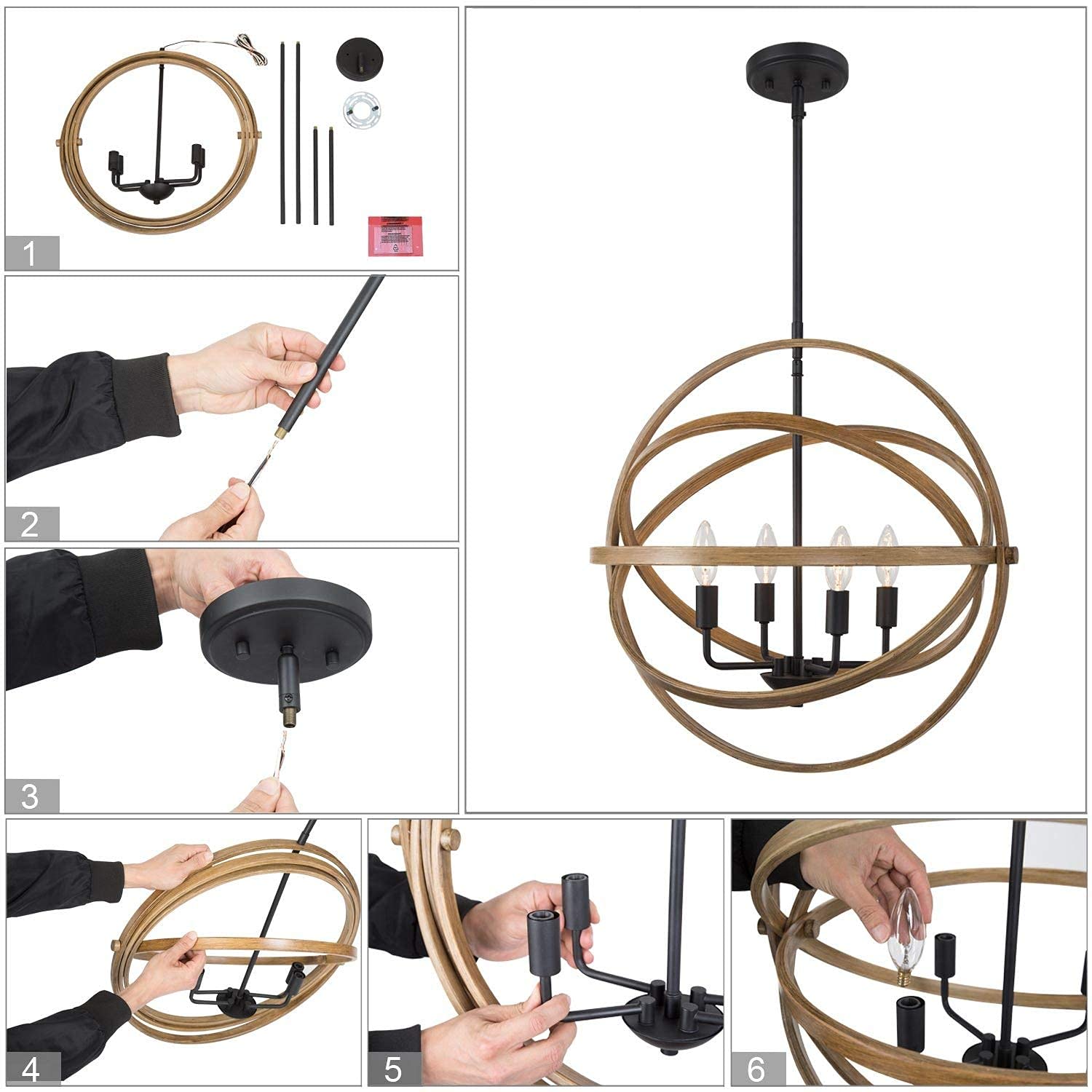 Farmhouse Chandelier Lighting - 4-Light Orb Pendant Light Fixture with Wood Finish, 21