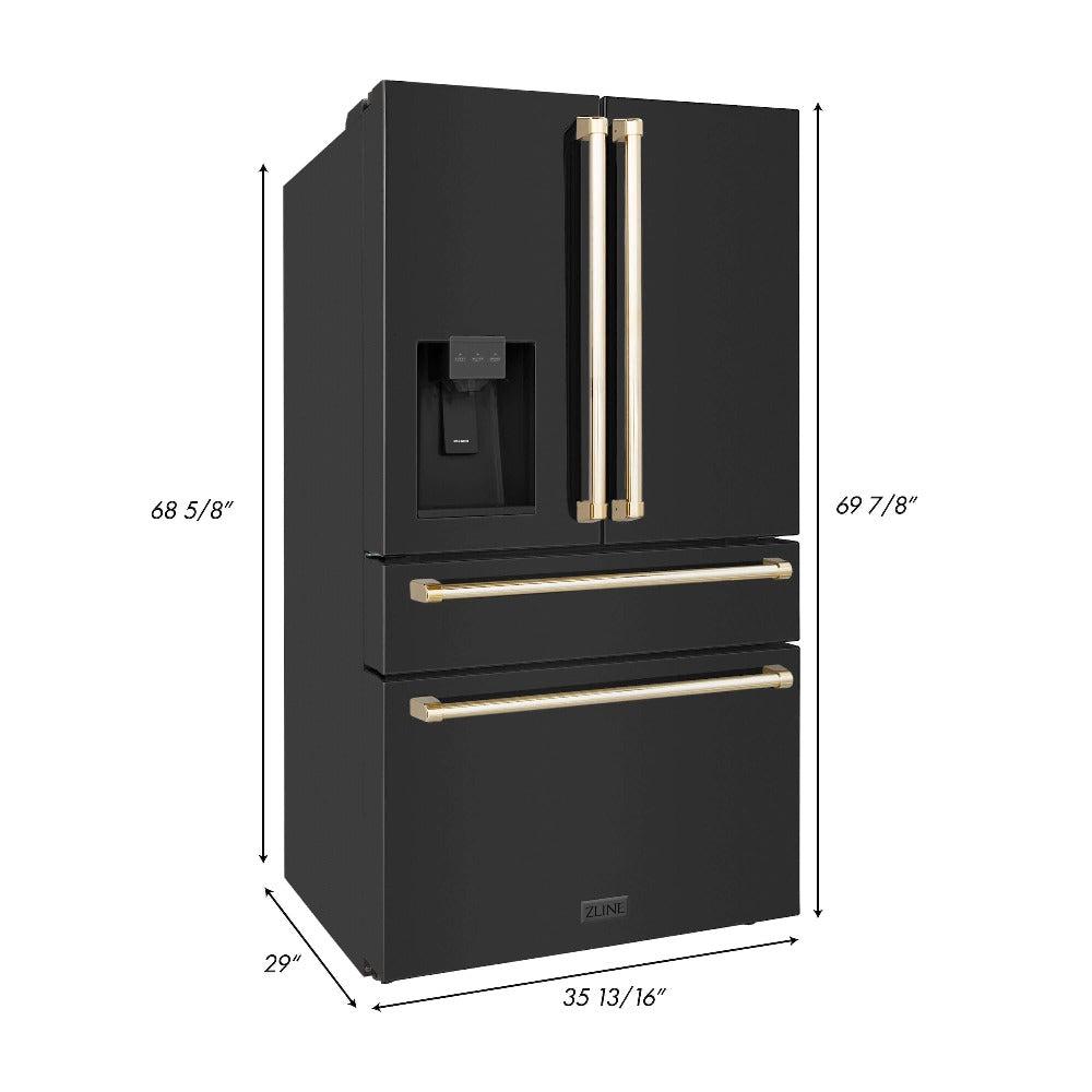 ZLINE Autograph Edition 30-inch Black Stainless Steel Kitchen Package - Dual Fuel Range, Range Hood, Dishwasher & Refrigerator with External Water Dispenser & Polished Gold Accents (4AKPR RABRHDWV30 G) | Premium Luxury Kitchen Appliances for Modern Homes & Gourmet Cooking