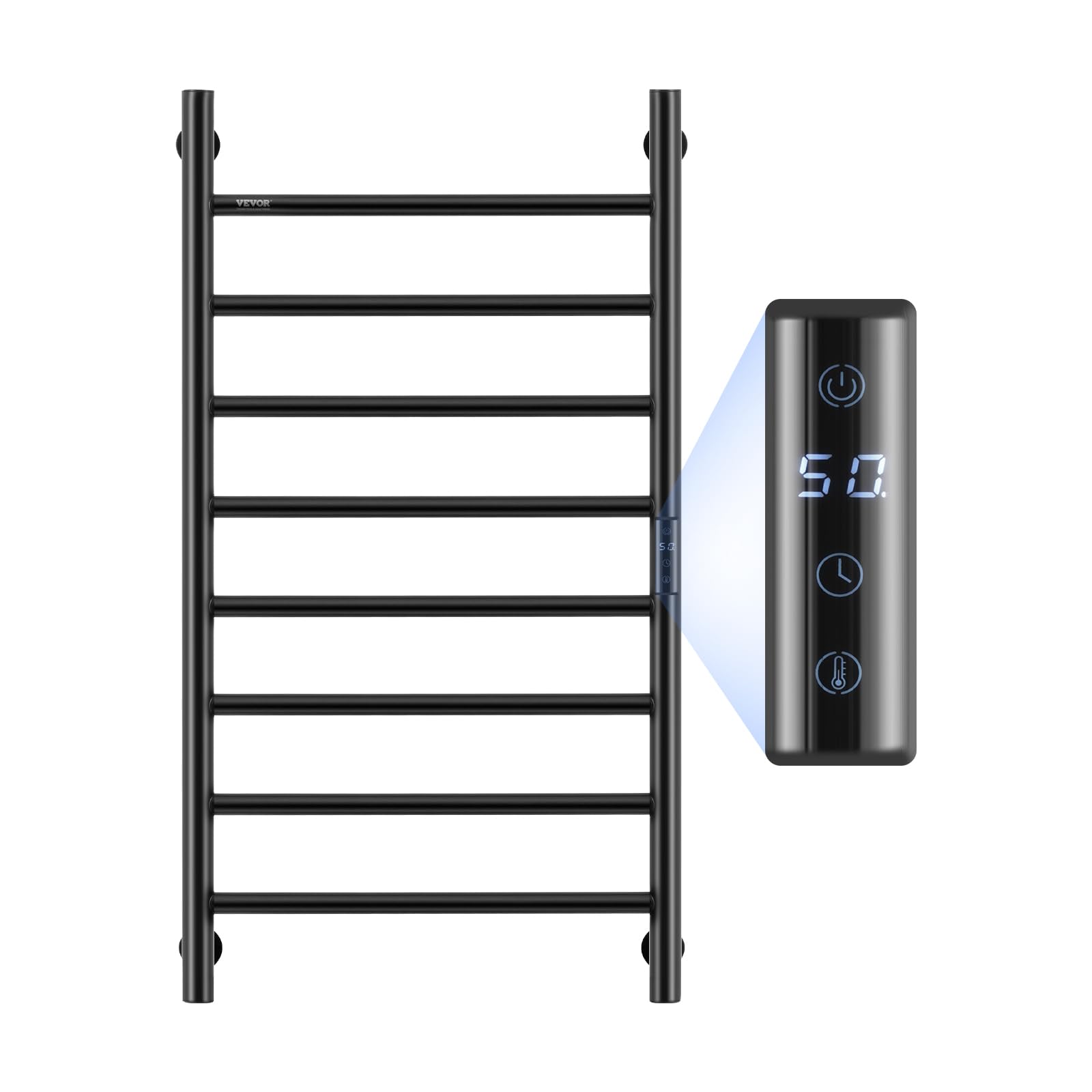 VEVOR 8-Bar Wall Mounted Heated Towel Rack for Bathroom - IPX5 Waterproof Towel Warmer with Timer, LED Display & 5 Adjustable Temperature Settings - Perfect for Spa, Luxury Hotels & Home Bathroom (Black)