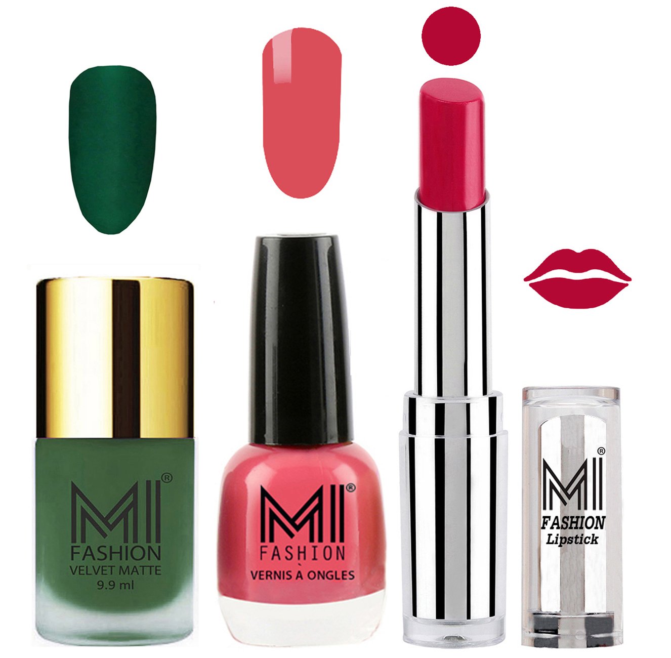 MI Fashion Nail Polish & Lipstick Set - Green Matte Polish, Pink Shine Polish & Dark Magenta Lipstick (3-Piece Combo) | Perfect for Parties, Date Nights & Gift Giving