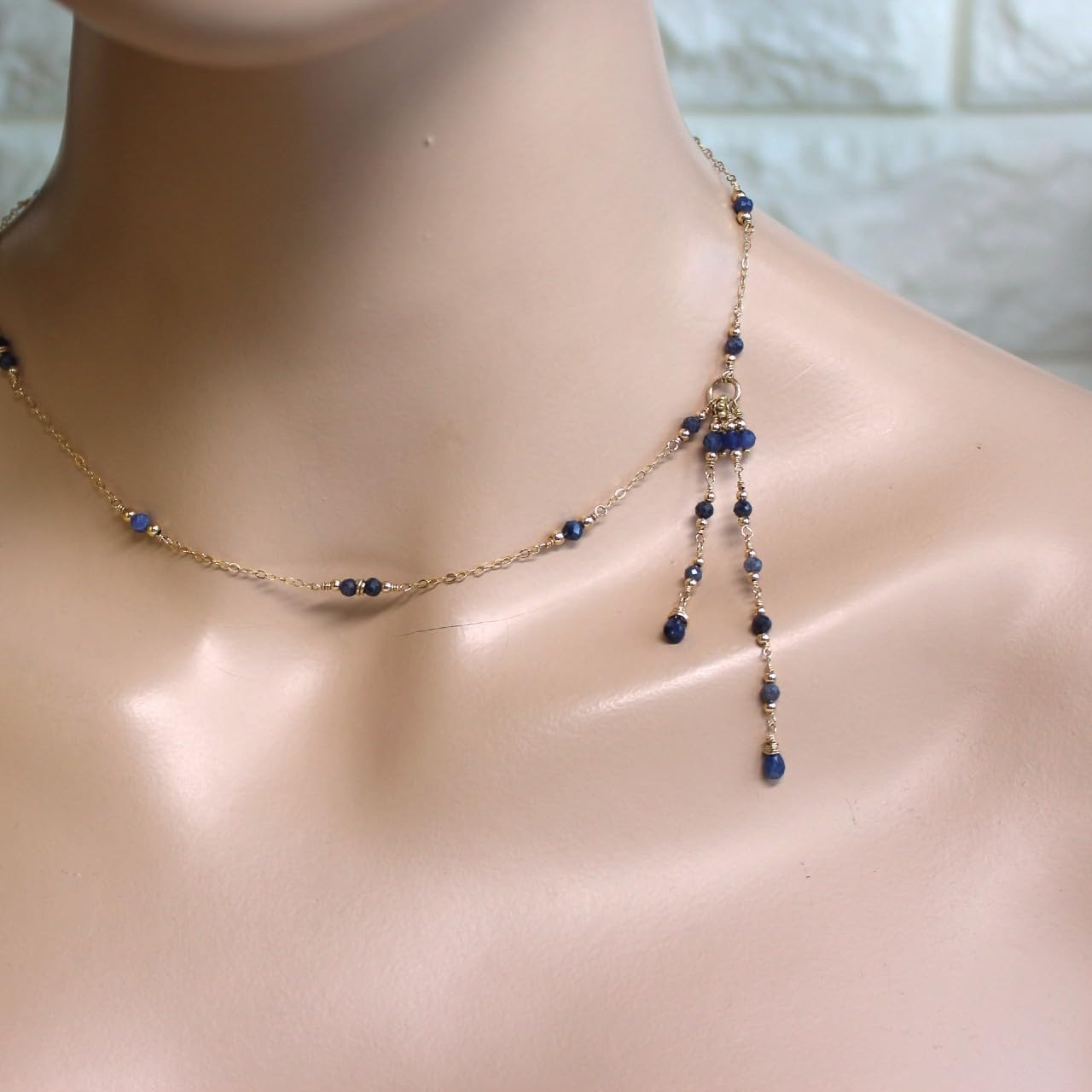 14K Gold Filled Blue Sapphire Lariat Necklace with Tassel & Delicate Y-Chain | 925 Sterling Silver Jewelry (15