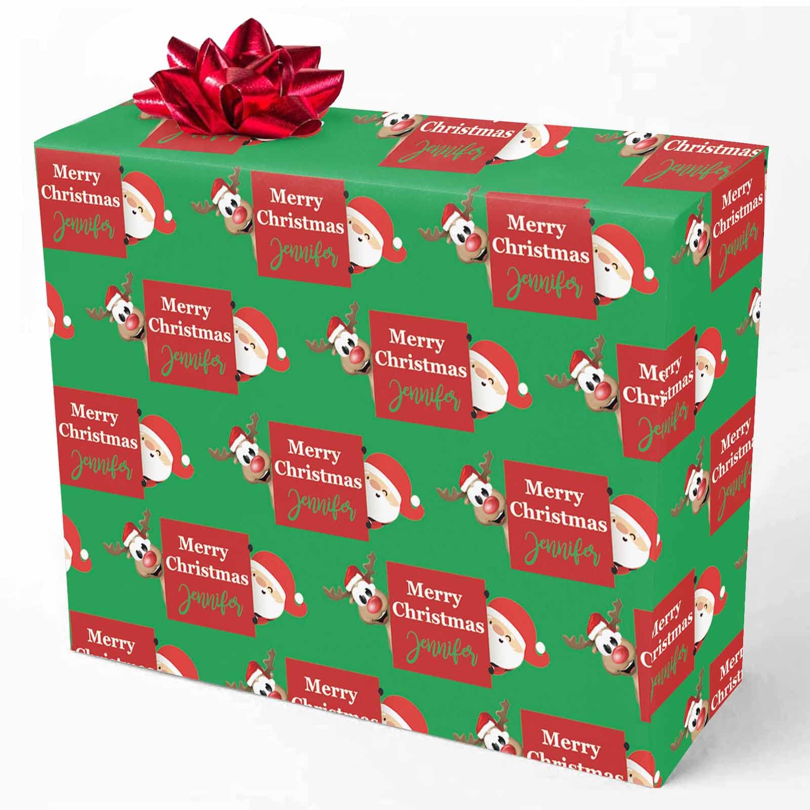 Custom Personalized Christmas Wrapping Paper - Merry Christmas Reindeer & Santa Design with Name - Green Funny Gift Wrap Paper Roll (58x23 Inches, 3 Rolls) for Kids Birthday, Christmas, Anniversary - Perfect for Holiday Gifts, Party Favors & Special Occasions