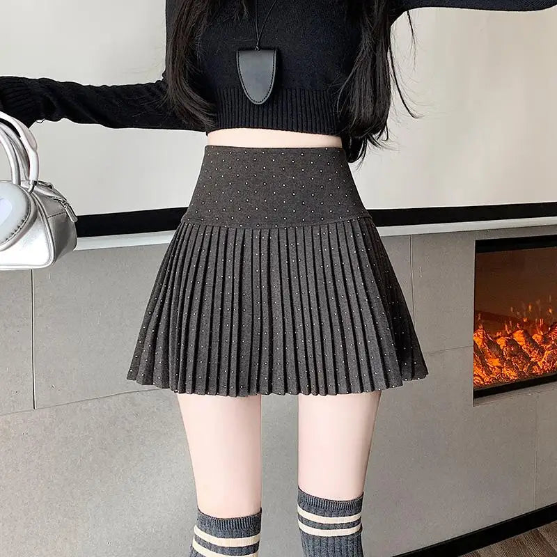 Women's High Waist Slim Pleated Wool Mini Skirt - Black, Blue, Brown | Diamond Pattern | Autumn Winter Fashion | College Style | Perfect for Festivals, Parties & Casual Wear