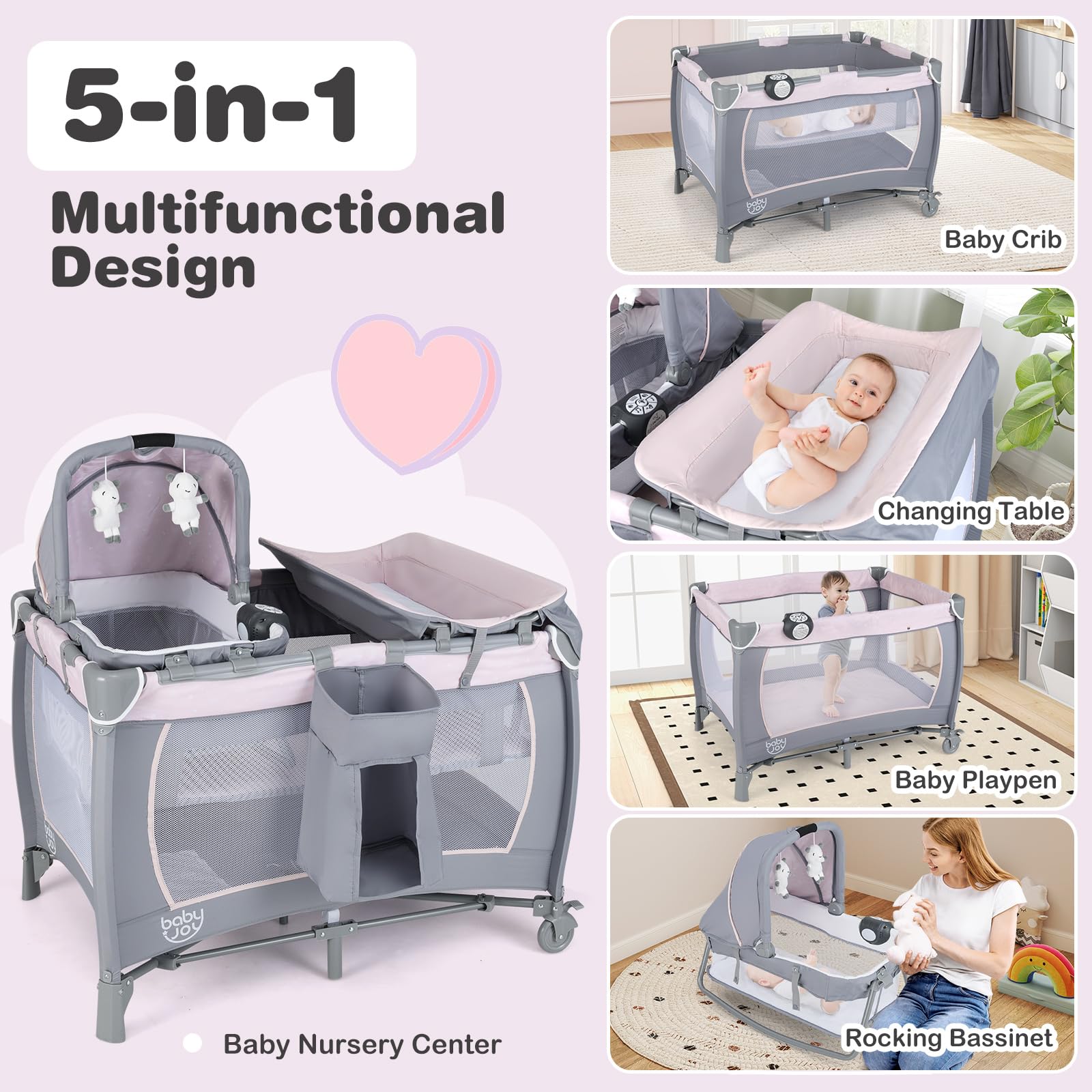 BABY JOY 5-in-1 Portable Baby Playard with Bassinet & Changing Table | Pink & Purple Starry Sky Playpen for Girls | Nursery, Travel & Home Use | Includes Toys, Music & Storage Bag