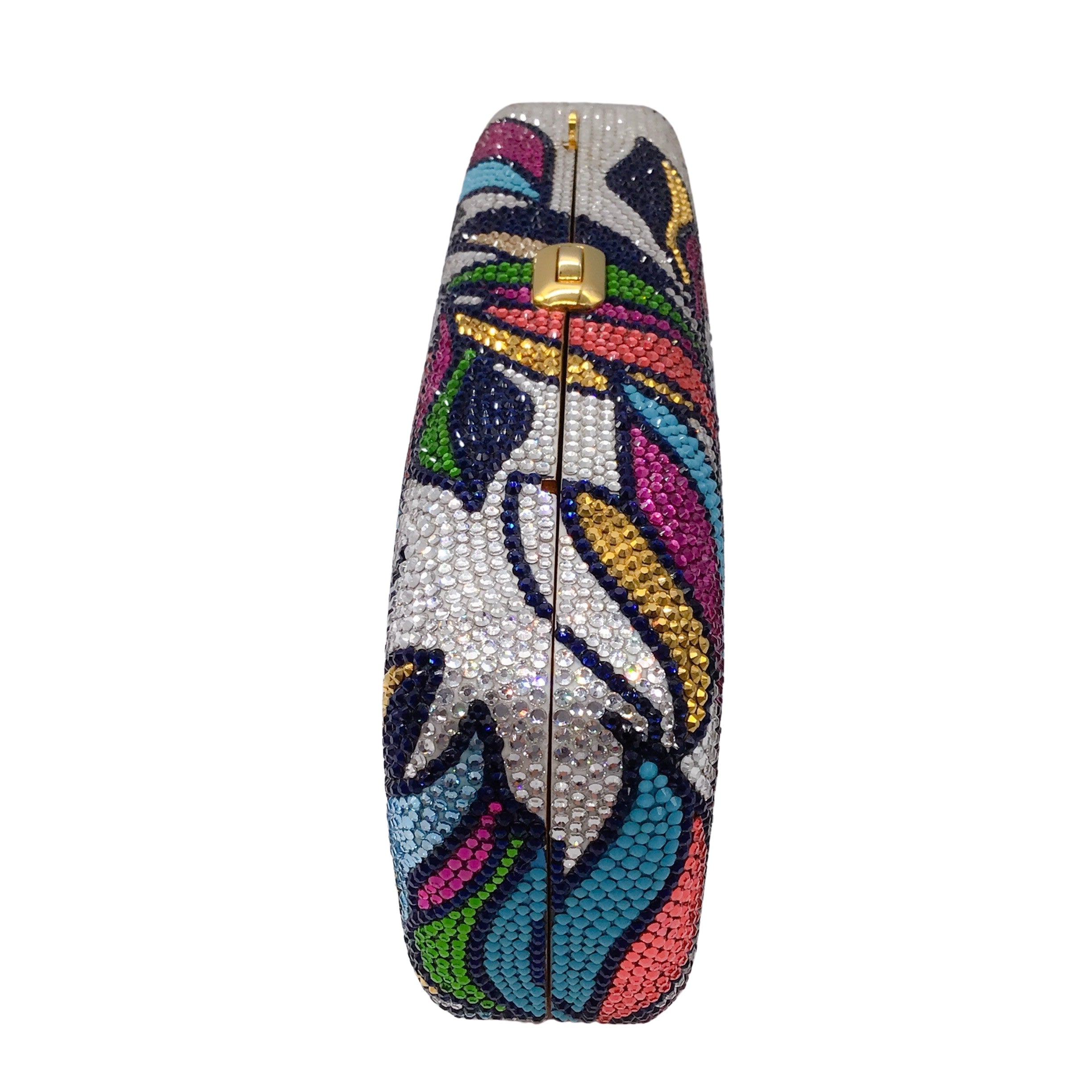 Judith Leiber Multicolored Crystal Embellished Leaf Design Evening Clutch Bag for Women - Luxury Party Clutch, Wedding Accessory, Gala Event Handbag
