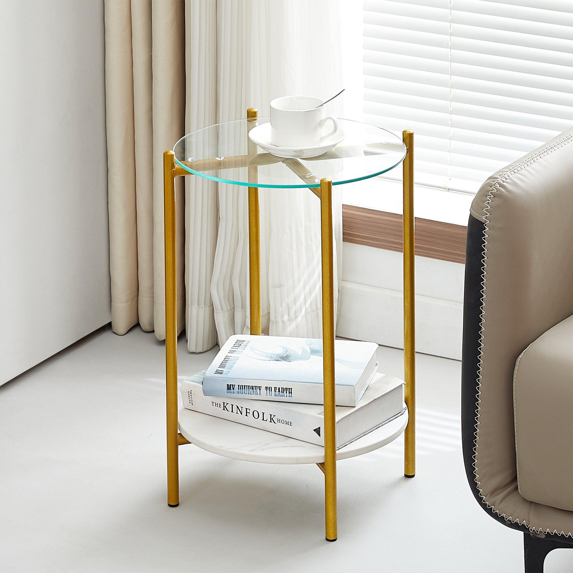 2-Tier Round End Table with Tempered Glass & Marble Top - Gold Metal Frame Accent Table for Living Room, Bedroom, Office - Perfect for Coffee, Books & Decor Display