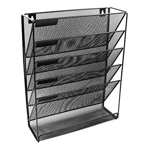 Metal Mesh Wall-Mounted Magazine File Rack - 5-Tier Organizer for Office Desk, Documents, Notebooks & Stationery Storage - Space-Saving Black Home Office Organization Solution for Books, Files and Magazines