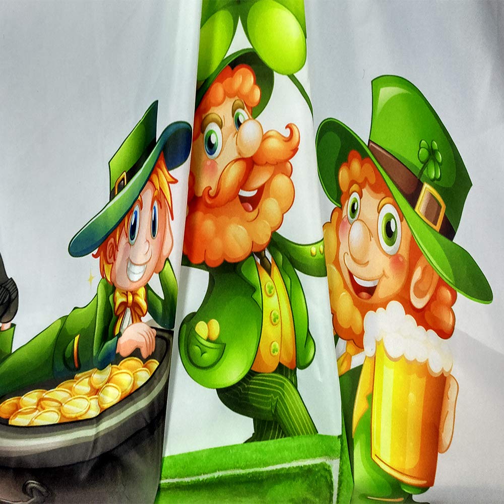 JAWO St. Patrick's Day Shower Curtain - Green Clover Shamrock Design with Golden Coins & Irish Gnome Elf - 72x72 Inches Waterproof Bathroom Decor for Irish Theme Party, Spring Home Decor & Holiday Celebration