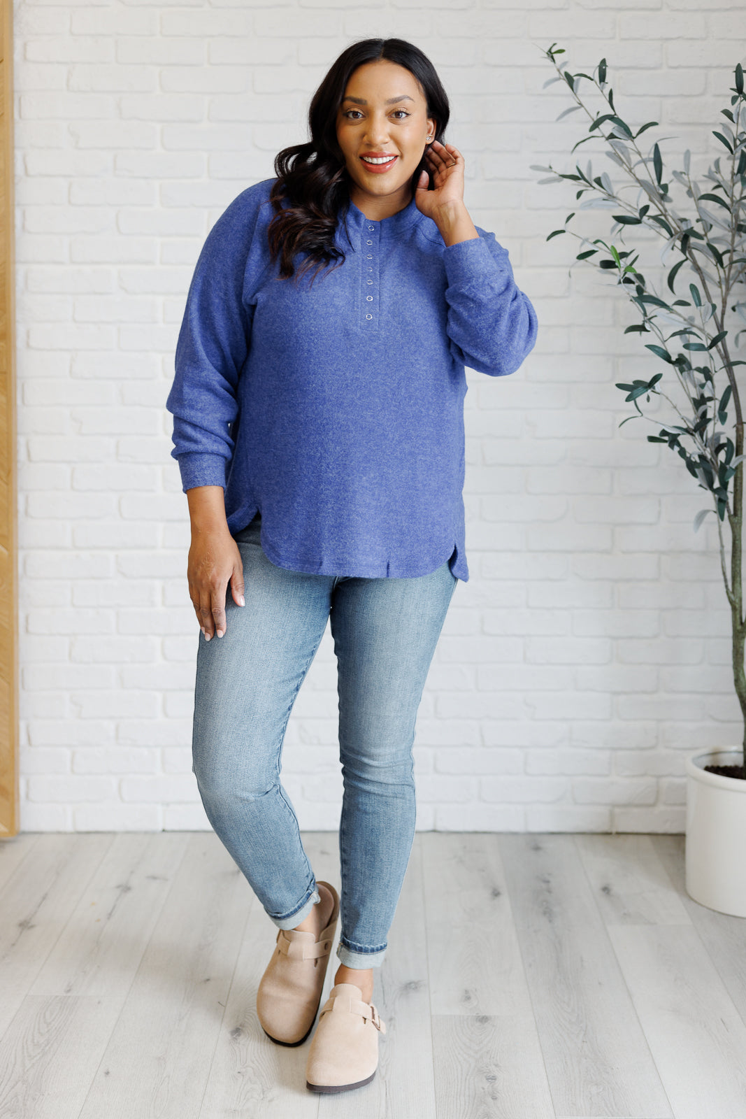 Keeping it Real Brushed Melange Hacci Long Sleeve Tee - Soft Casual Women's Top in Bright Blue | Perfect for Everyday Wear, Layering & Fall Outfits