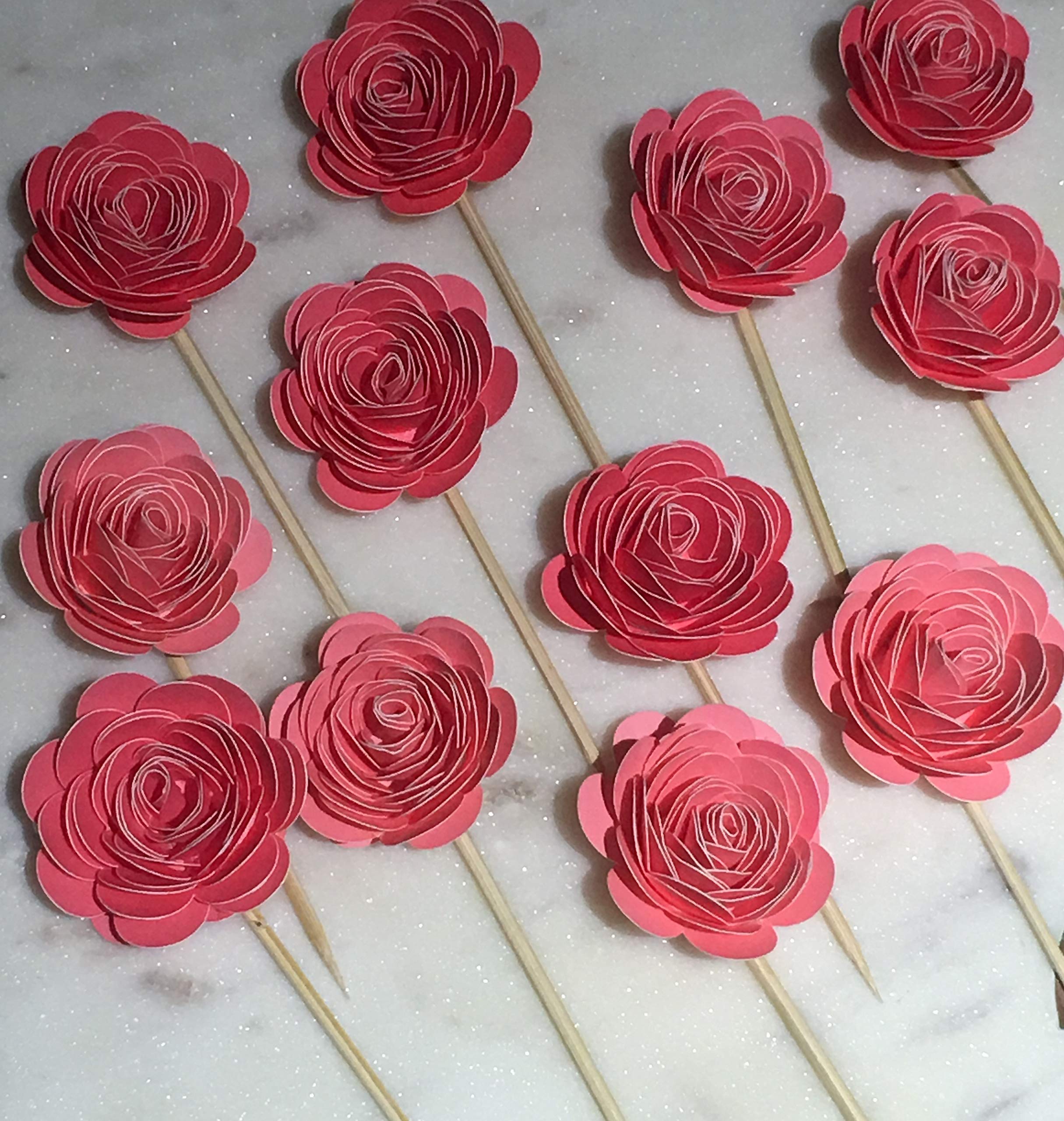 Pink Paper Flower Cupcake Toppers for Weddings, Bridal Showers & Parties - Elegant DIY Cupcake Decorations for Engagement, Bachelorette, Communion & Birthday Celebrations - Perfect for Romantic Events & Special Occasions