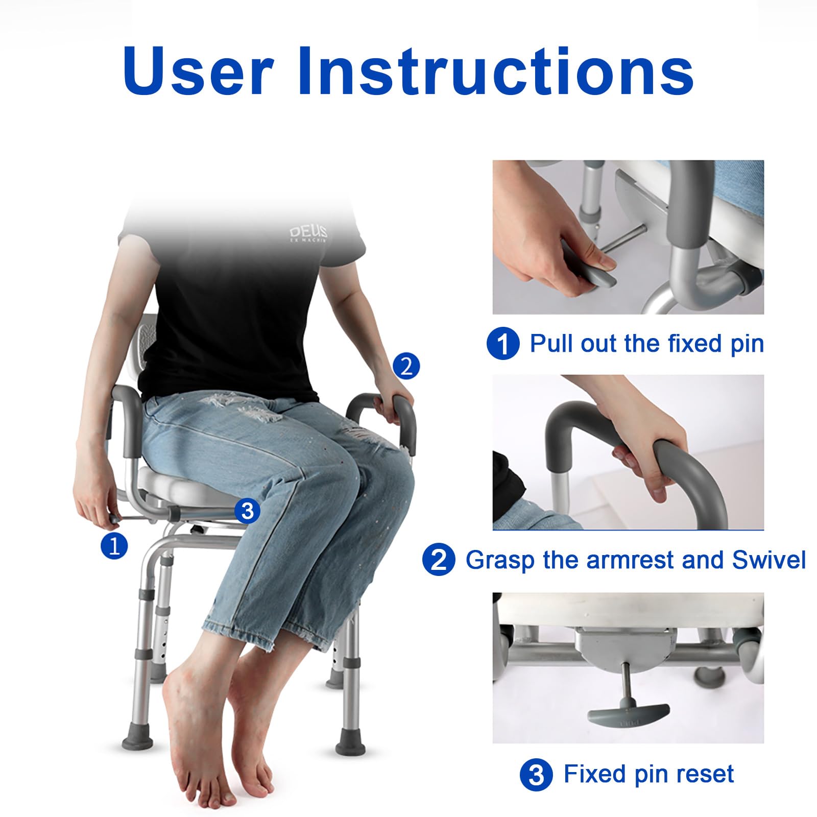 360° Swivel Shower Chair with Arms & Back - Heavy Duty Adjustable Height Bath Seat for Elderly & Disabled - Ideal for Safe Bathing & Mobility Assistance in Home & Hospital Settings