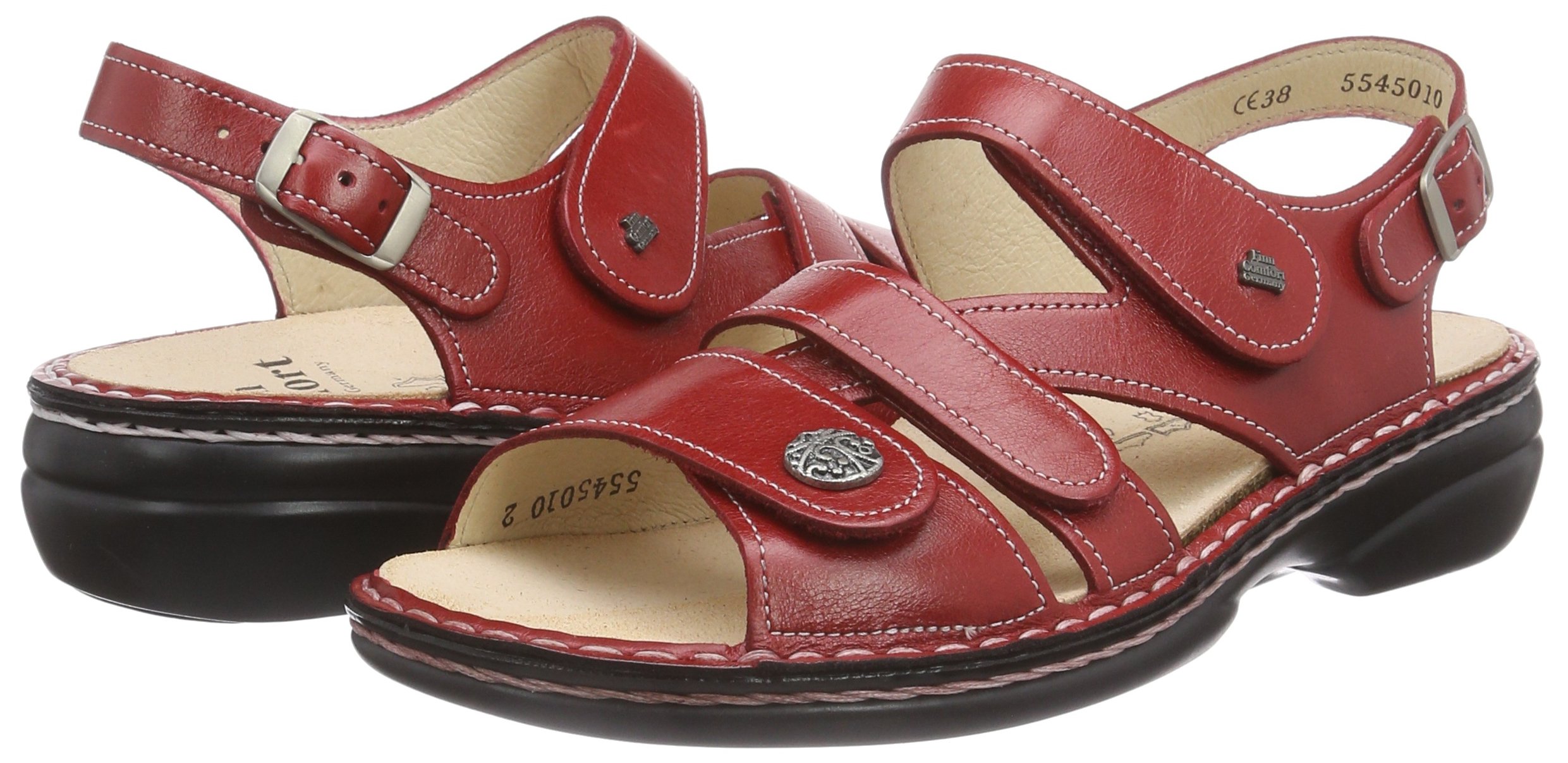 Finn Comfort Women's Strappy Sandals with Ankle Strap - Comfortable Red Leather Sandals for Women Size 5 | Perfect for Summer, Beach, Travel & Casual Outings