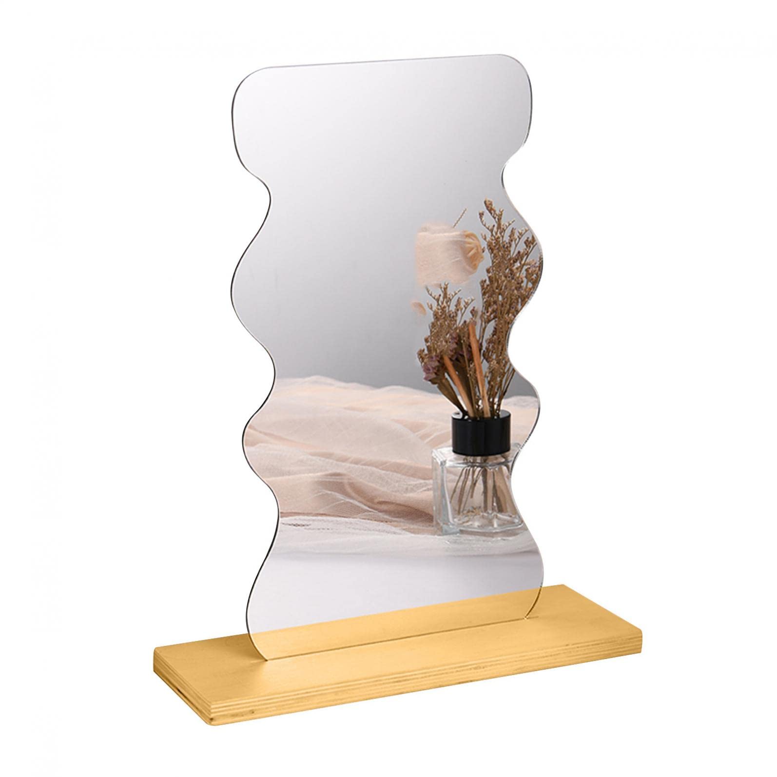 Stylish Irregular Aesthetic Vanity Mirror - Frameless Acrylic Tabletop Mirror with Wooden Stand for Bedroom, Living Room & Minimalist Decor | Perfect for Makeup, Home Styling & Small Spaces