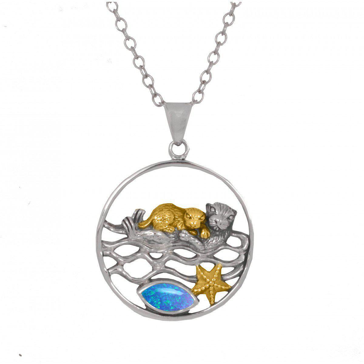 Oxidized Silver Pendant Necklace - Mother Otter with Golden Baby Design Featuring Marquise Blue Opal & Gold Starfish - Perfect for Mother's Day Gifts, Birthday Presents & Beach-Themed Jewelry