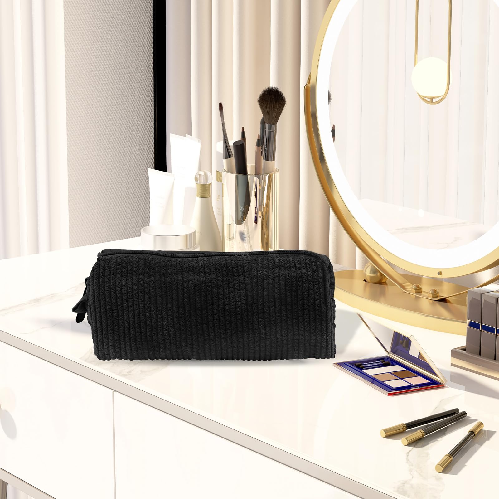 Boobeen Women's Corduroy Makeup Bag - Travel Cosmetic Organizer with Zipper, Small Purse Makeup Pouch for Girls, Cute Smiley Face Toiletry Bag | Perfect for Travel, Gym, Daily Use & Gift Giving