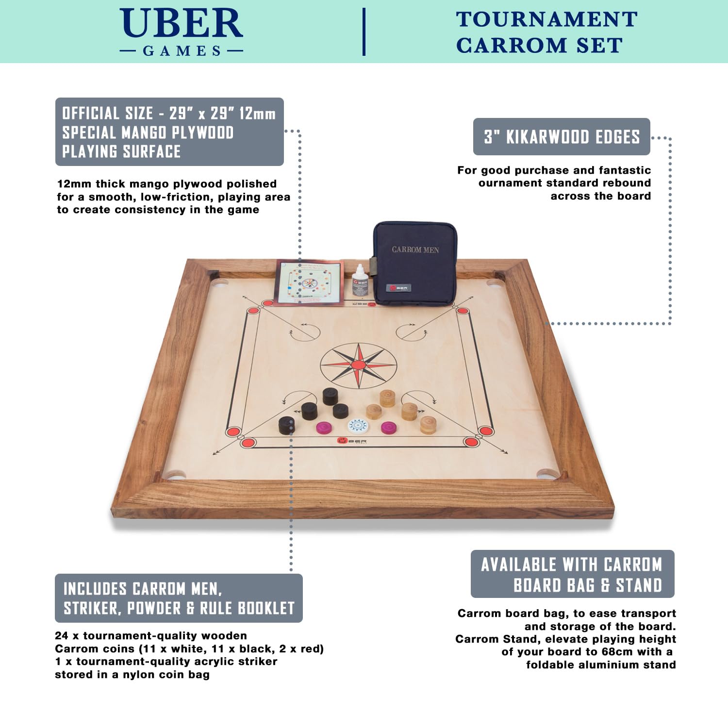 Tournament Carrom Board Set - 35 x 35 Inch Official Size Professional Game Board with Carrom Men & Stand | Perfect for Family Game Nights, Indoor Recreation, and Competitive Play
