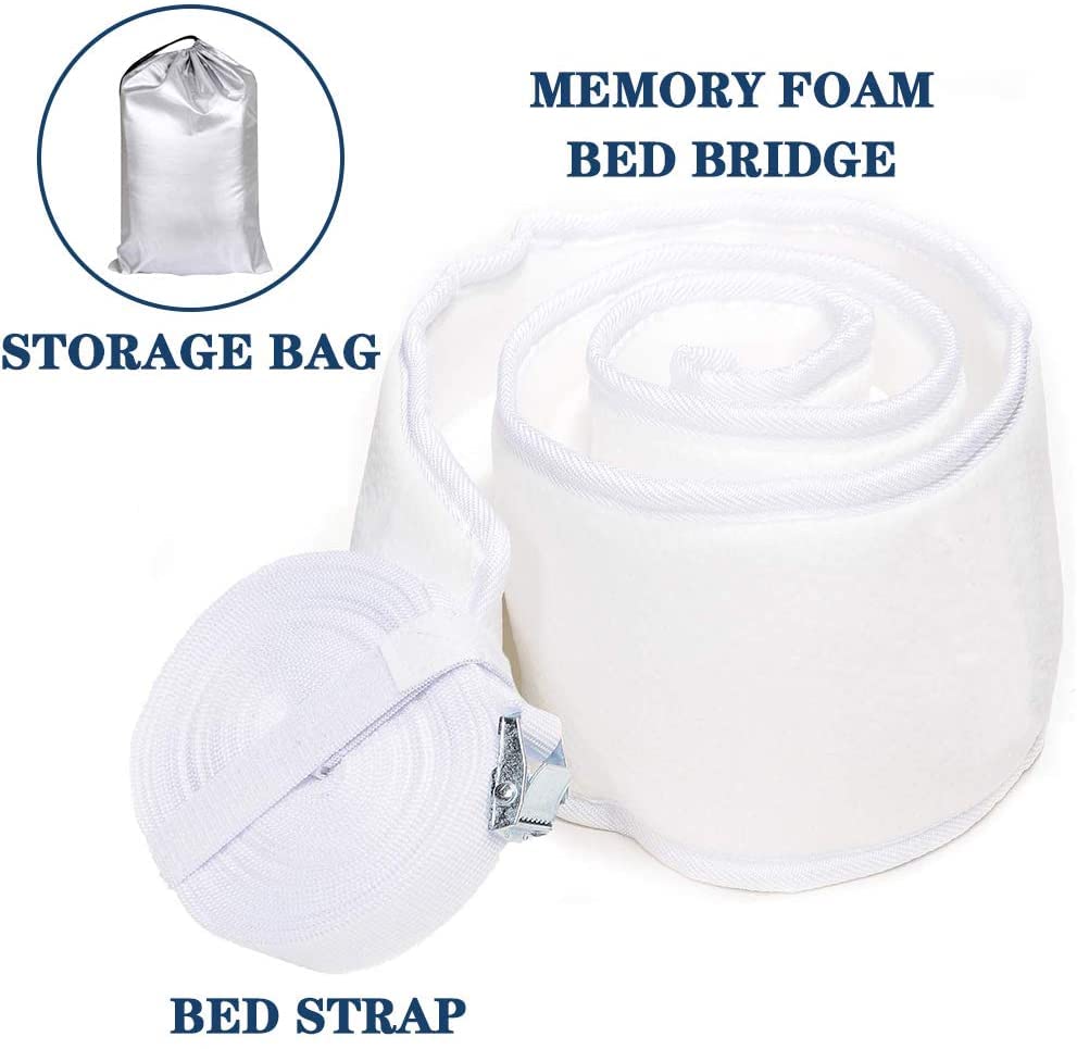 Memory Foam Bed Bridge Twin to King Converter Kit - Adjustable Gap Filler & Mattress Connector with Straps for Guest Stayovers (Includes Storage Bag) - Perfect for Spare Beds, Sleepovers & Home Hospitality - White