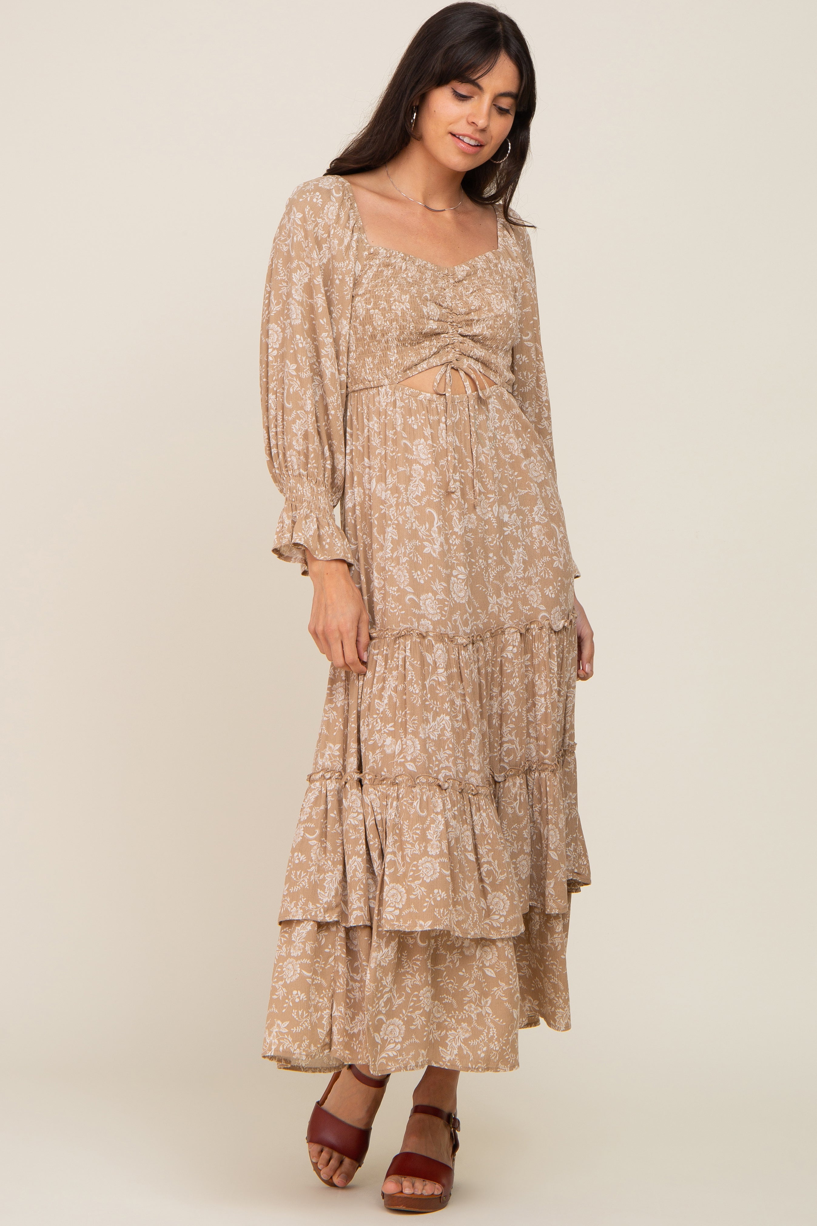 Beige Floral Cutout Smocked Tiered Maxi Dress for Women - Elegant Summer Beach Wedding Party Dress - Perfect for Vacations, Dates & Special Occasions