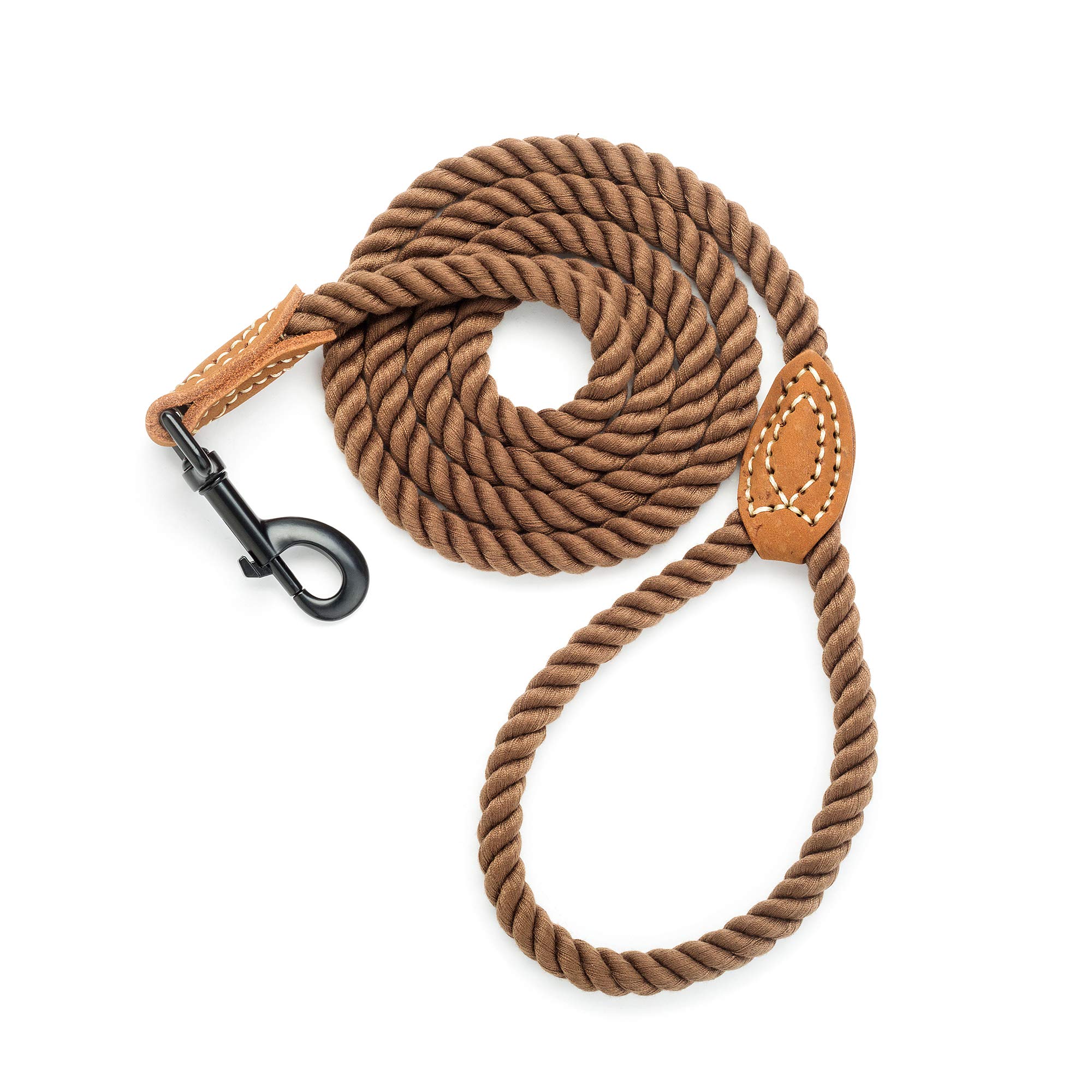 Premium Braided Cotton Dog Leash with Leather Tip - Heavy Duty 5ft Rope Leash with Metal Clasp for Medium & Large Dogs - Perfect for Weddings, Hiking & Daily Walks (Dark Brown, 60 Inches)
