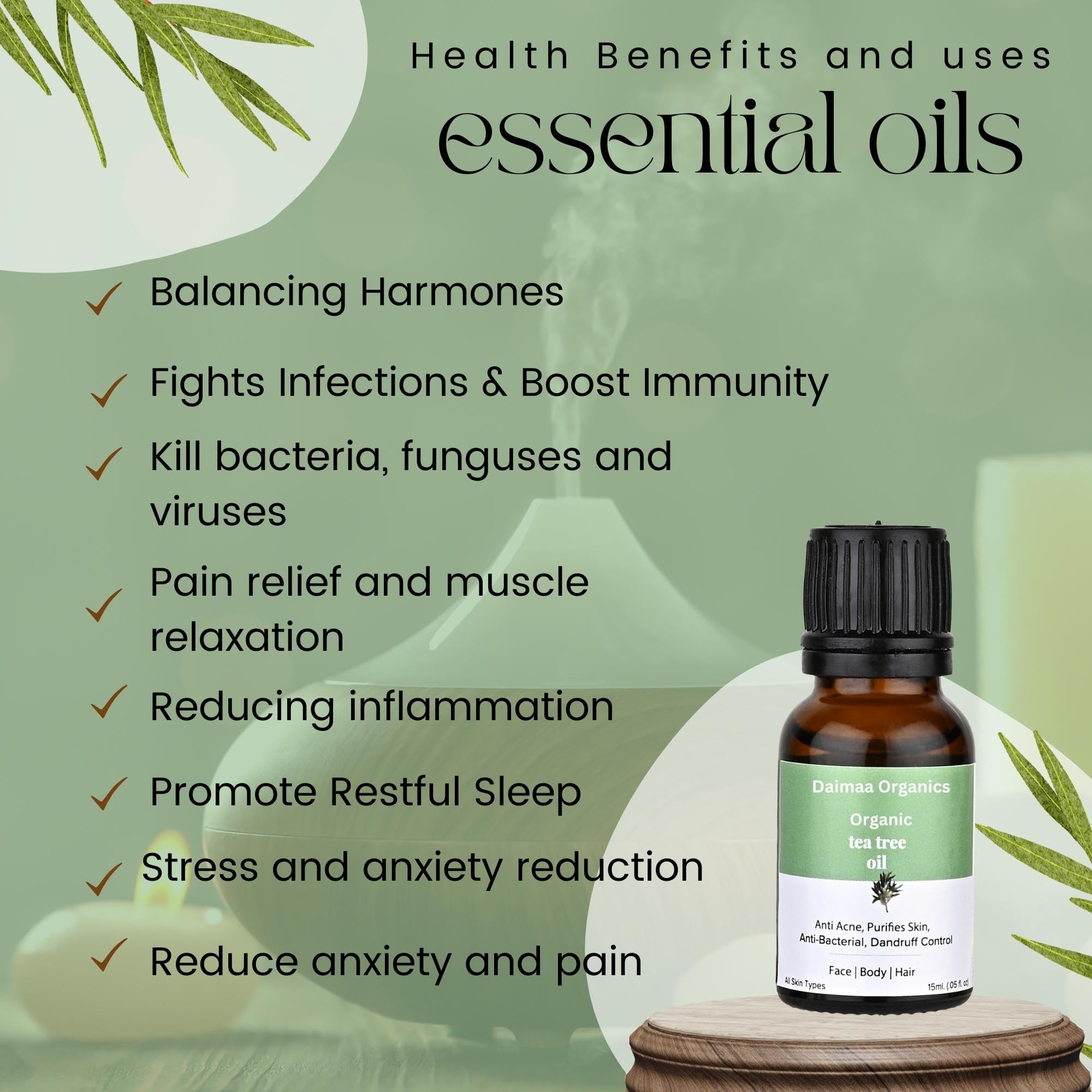 **Organic Tea Tree Essential Oil for Face, Hair & Body - 100% Pure, Steam Distilled, 15ml (Pack of 3) - Relaxing, Soothing & Calming for Skin Care, Aromatherapy & Stress Relief**