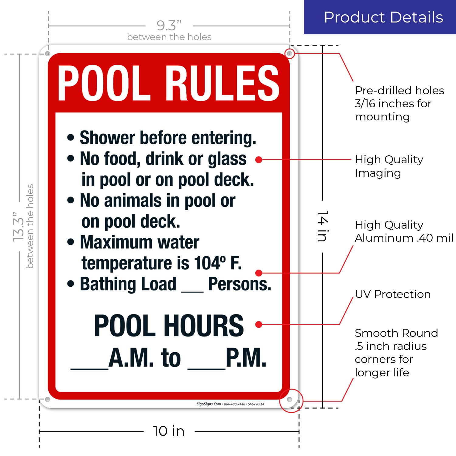 Pool Rules Sign - 10x14 Inches Rust-Free .040 Aluminum, Fade-Resistant for Indoor & Outdoor Use - Made in USA - Perfect for Backyard, Community Pools & Swim Clubs