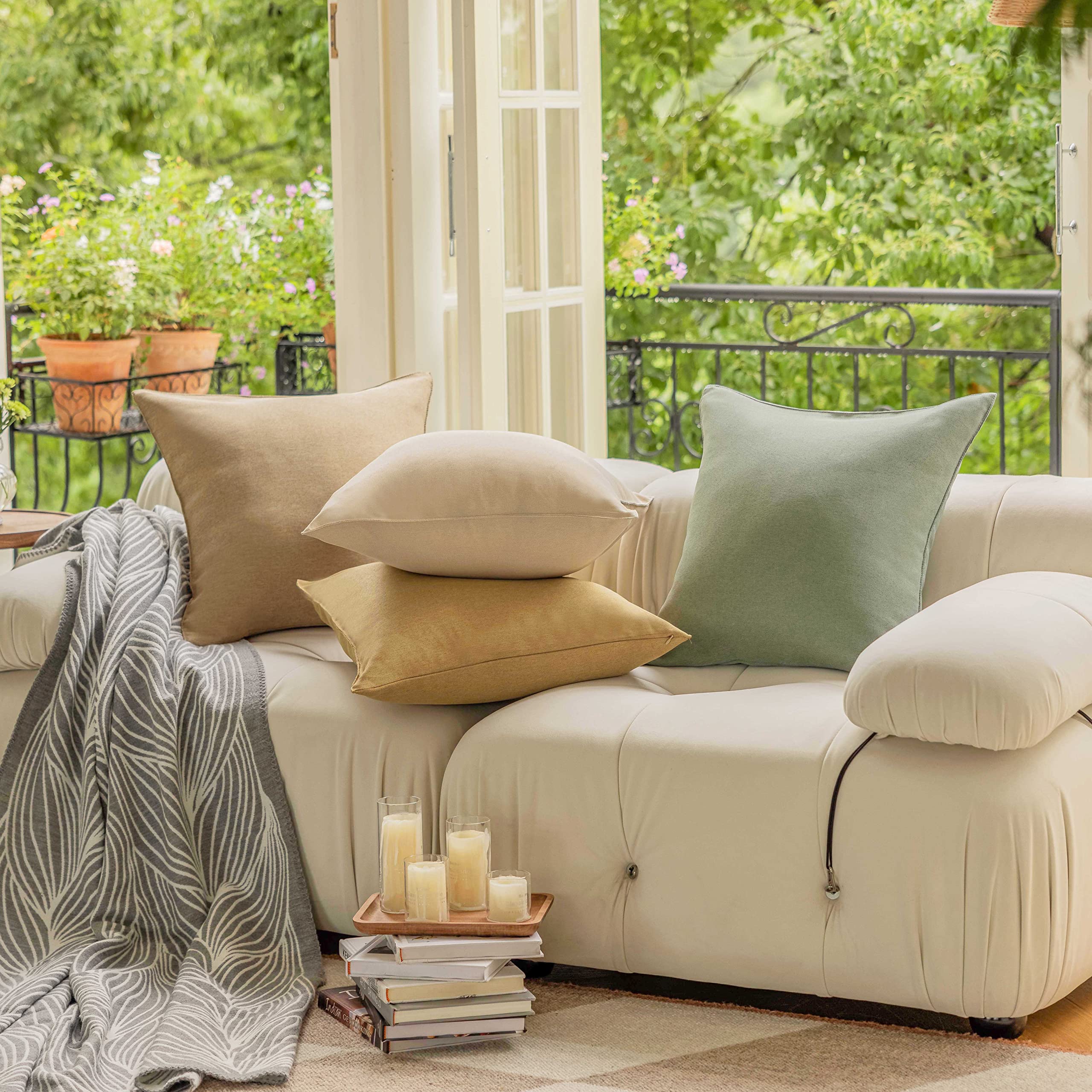 Demetex Waterproof 20x20 Inch Outdoor Pillow Covers Set of 4 - Decorative Beige Throw Pillow Covers for Sofa, Couch & Patio Furniture - Perfect for Outdoor Living, Backyard Decor & Weatherproof Home Accents