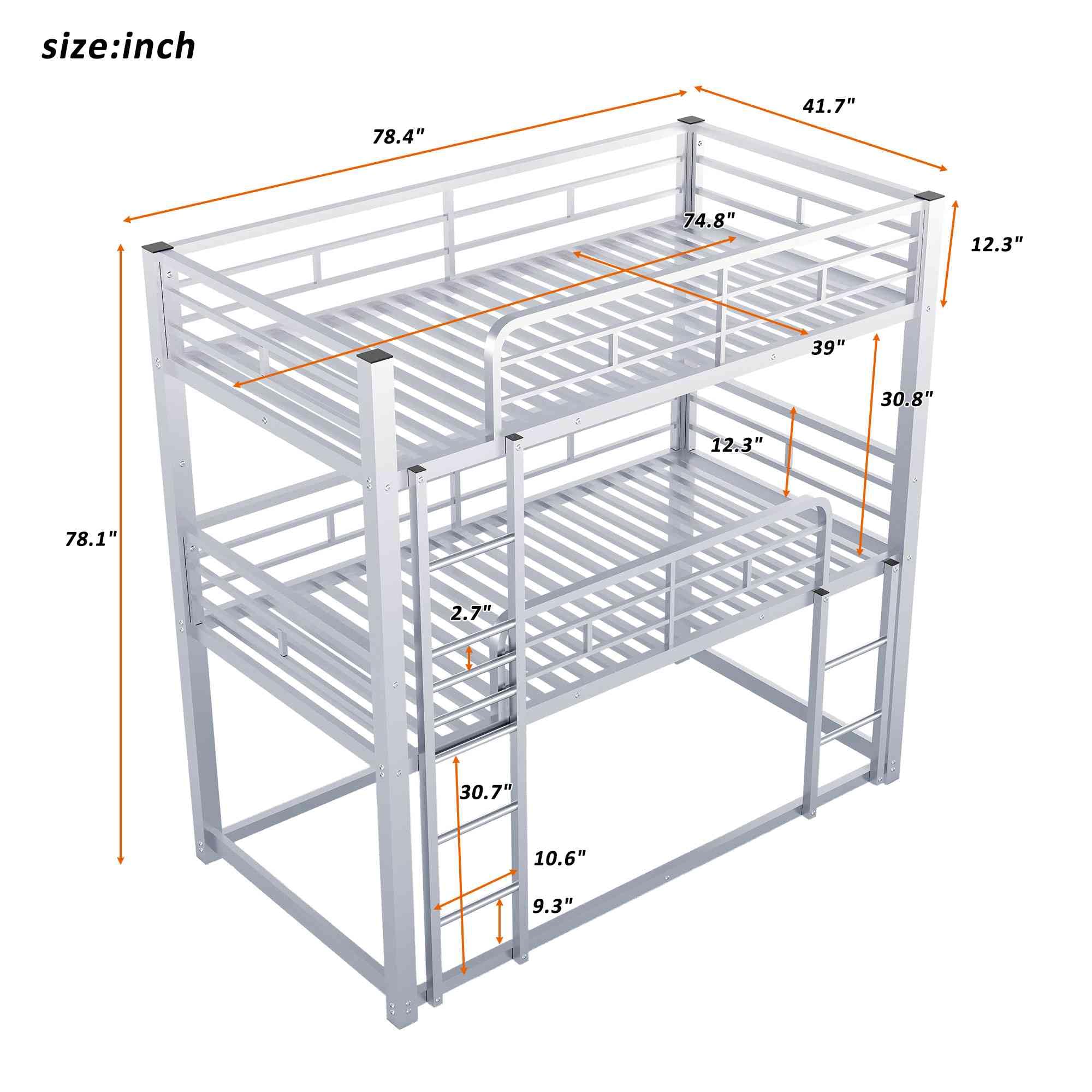 ATY Heavy Duty Metal Triple Bunk Bed with Safety Guardrails - Twin Size Space Saving Bed Frame with 2 Ladders - Ideal for Kids Bedroom, College Dorm, Hostels & Small Spaces - Silver Finish