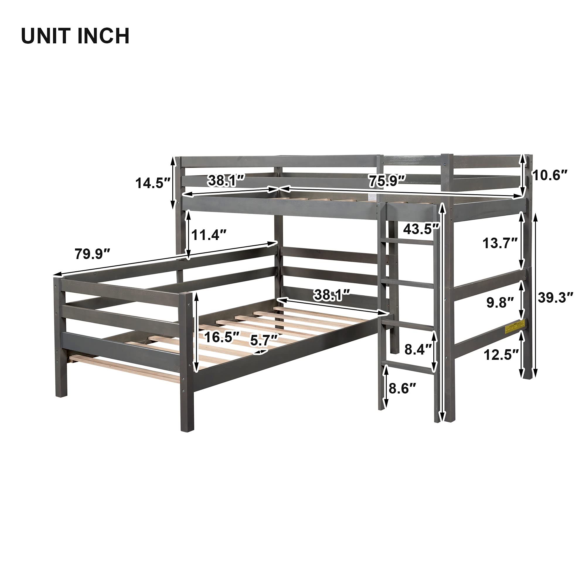 LZ LEISURE ZONE Twin Over Twin Bunk Bed with Ladder - Convertible Wooden Loft Bed Frame for Kids & Teens - Separates into 2 Twin Beds (Gray) - Perfect for Small Bedrooms, Dorm Rooms & Shared Kids' Rooms