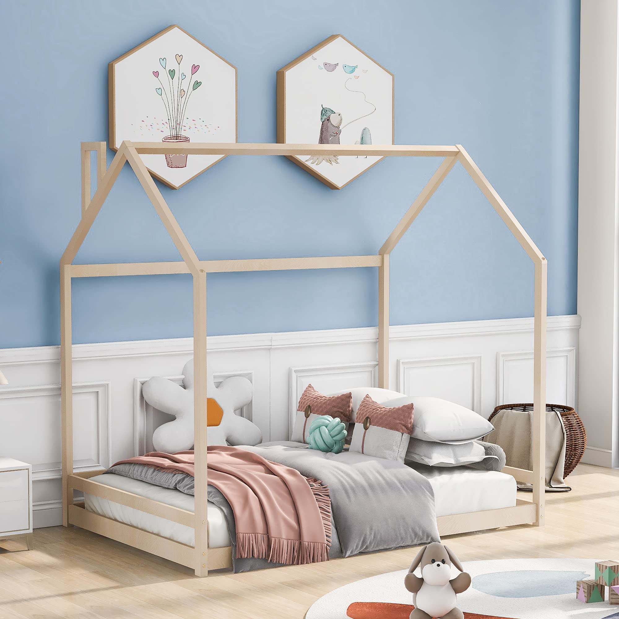Harper & Bright Designs Full Size Wooden House Bed for Kids & Teens - Natural Wood Cabin Bed with Roof, Floor Bed for Children's Room, Playroom or Bedroom Decor