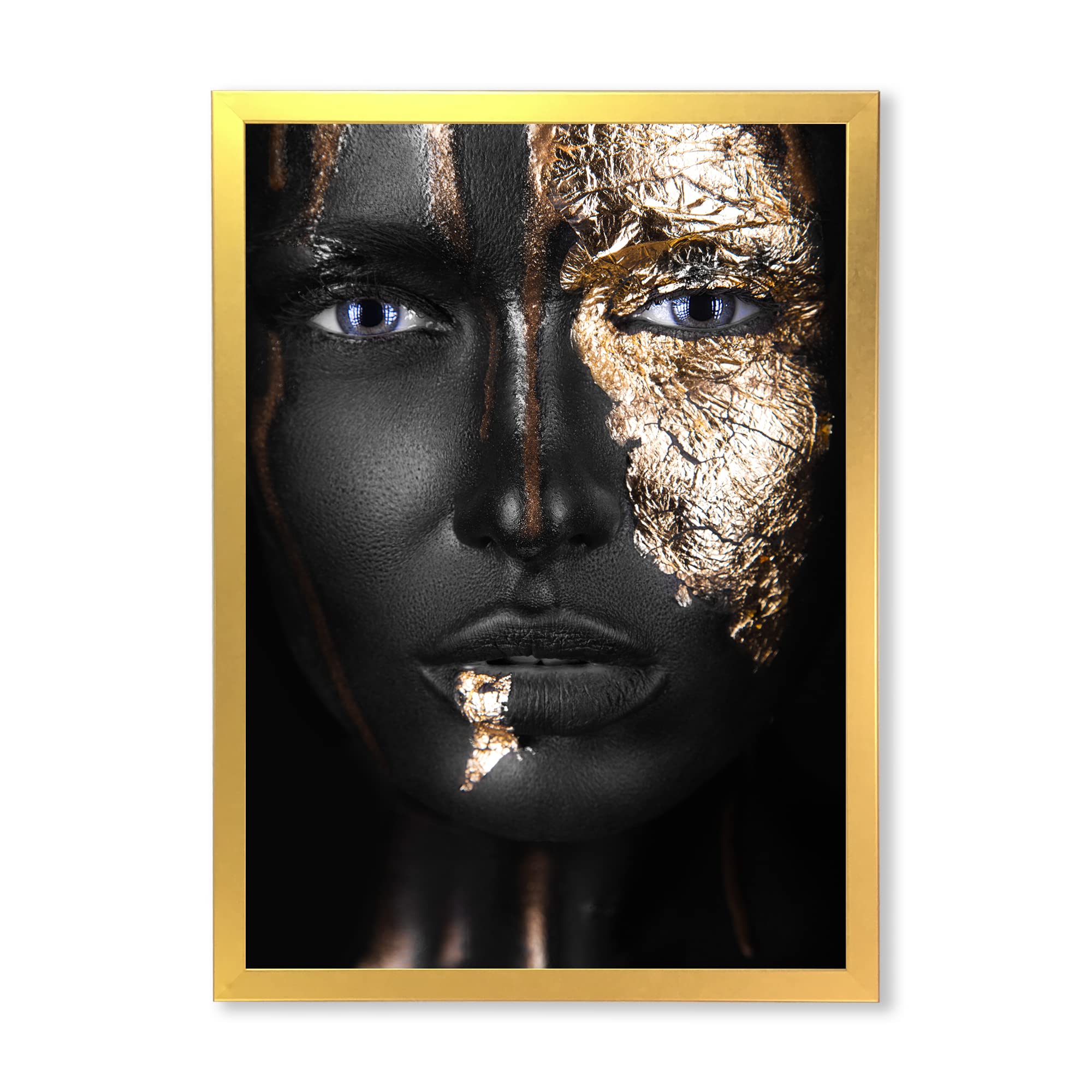 Modern Framed Wall Art - Portrait of an African American Girl with Gold Makeup - Home & Office Decor, Living Room, Bedroom Wall Decor