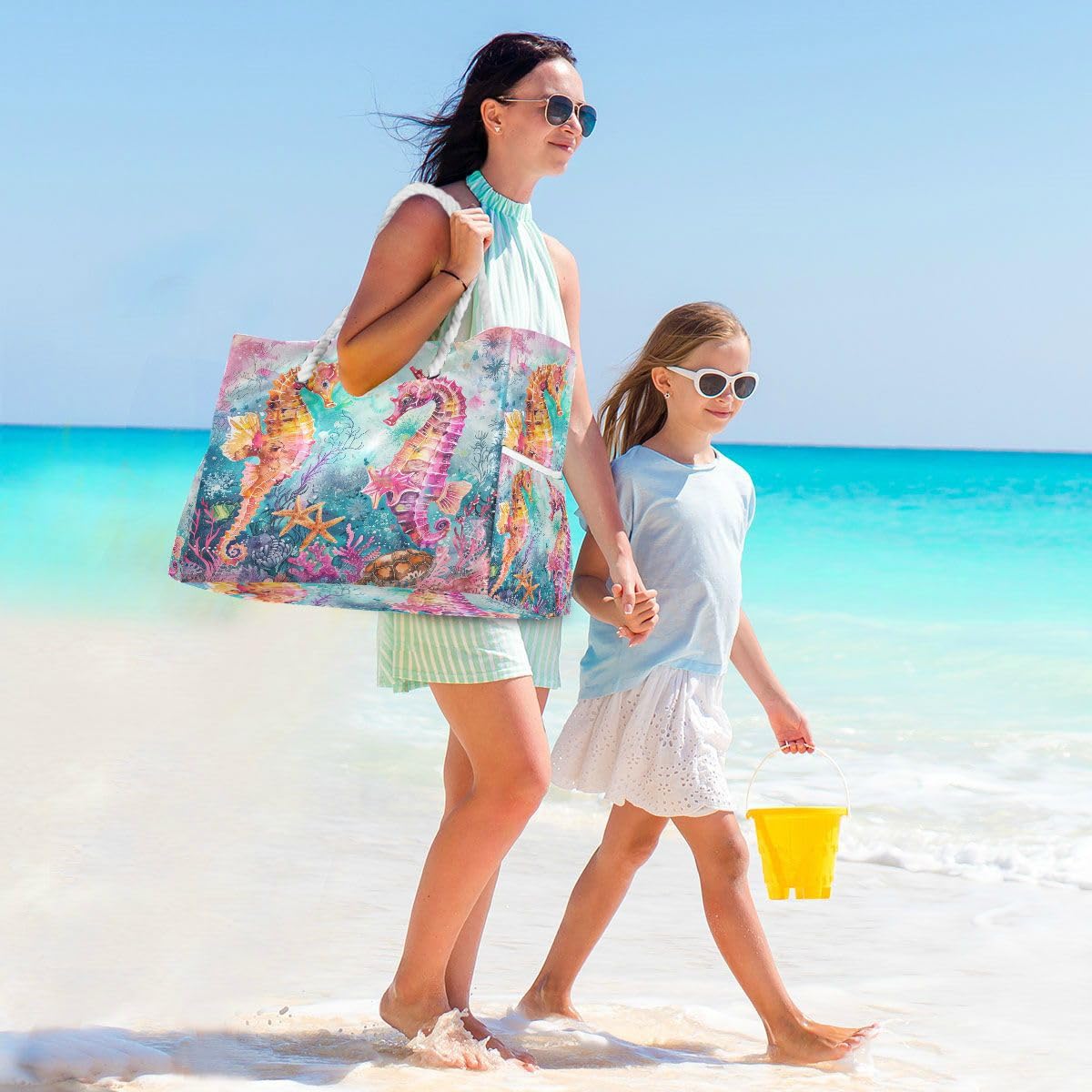 Stylish Large Beach Tote Bag for Women - Waterproof Turtle Flower Starfish Design Pool Shoulder Bag | Perfect for Beach Vacation, Swimming Pool, Summer Outings & Shopping