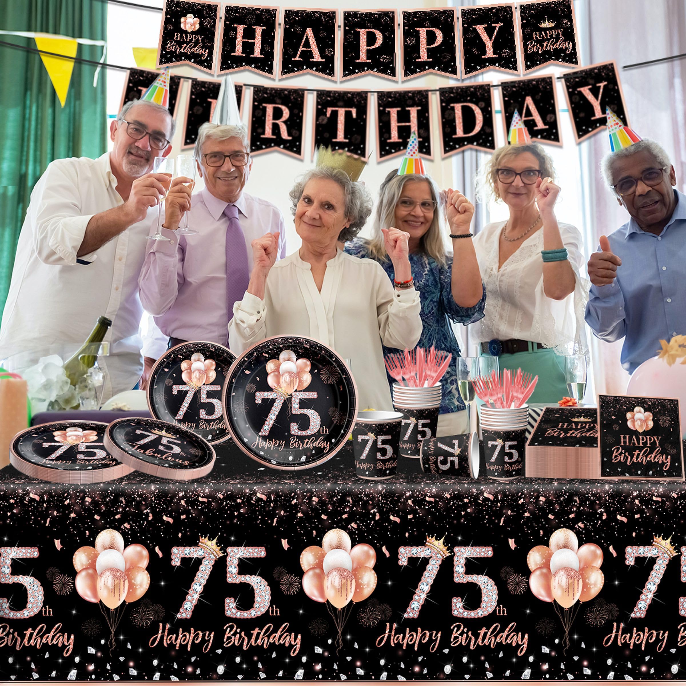 142Pcs Rose Gold 75th Birthday Party Tableware Set - Disposable Tablecloth, Plates, Napkins, Cups, Forks & Knives for Women's 75 Years Old Celebration - Perfect for Themed Birthday Decorations & Party Supplies