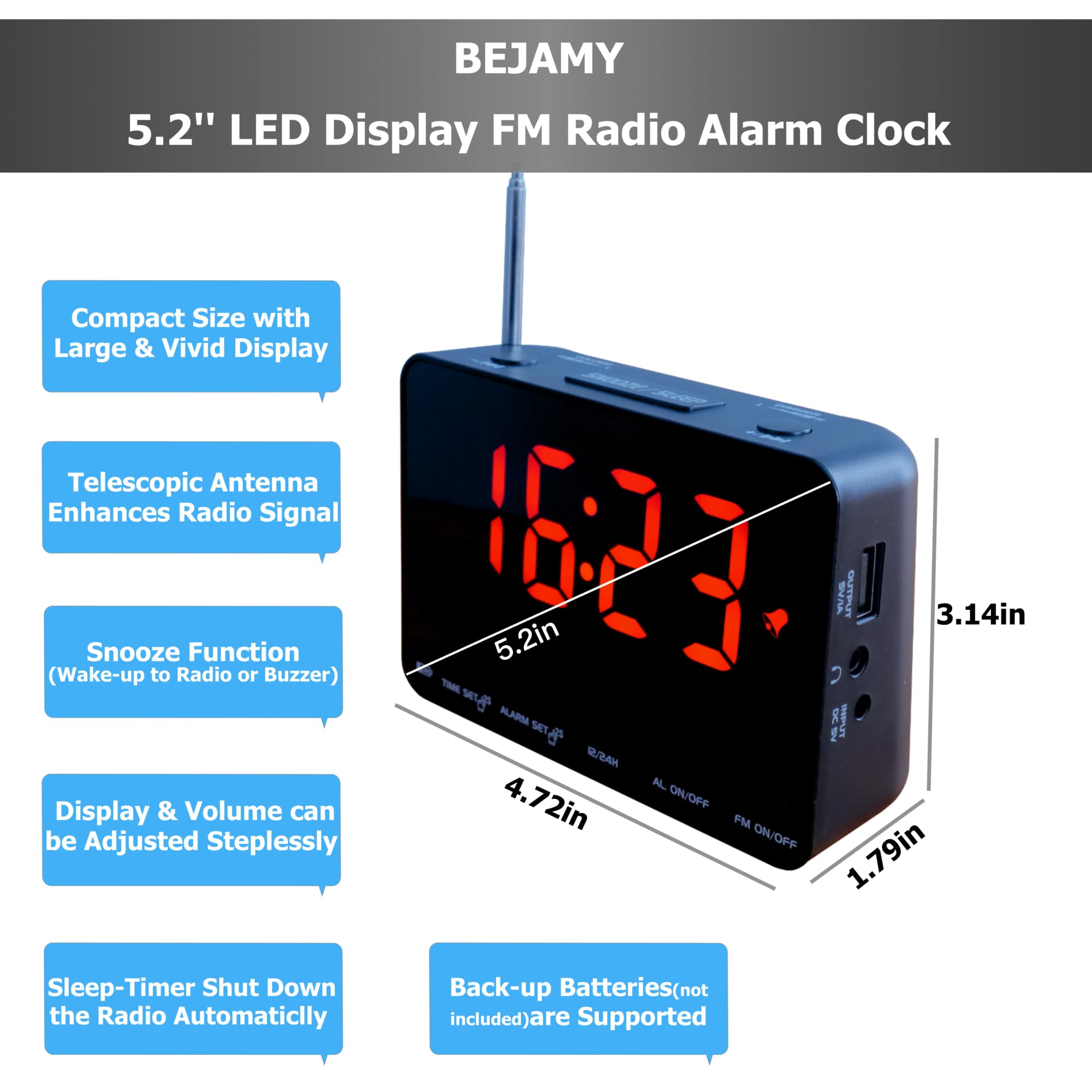 Black Frame Red Display FM Radio Alarm Clock with 5.2