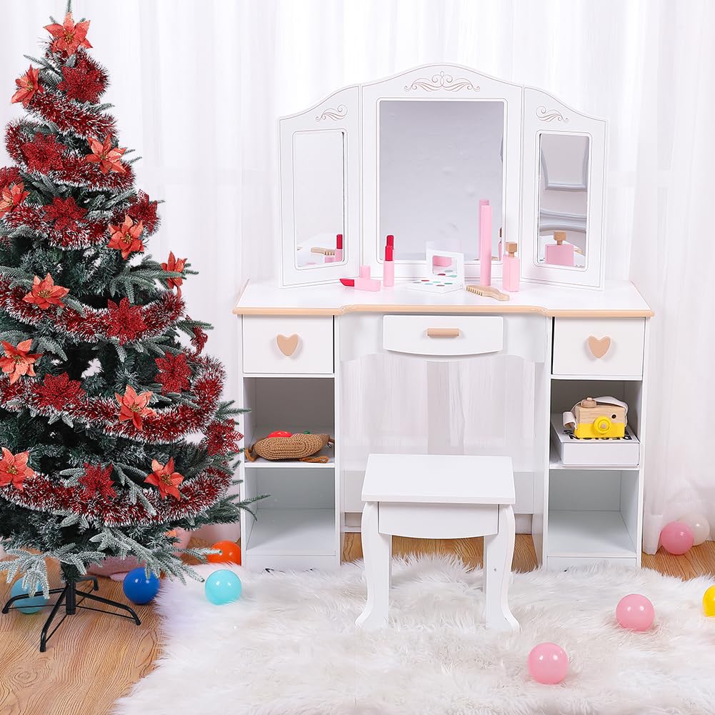 Kids Vanity Set with Mirror & Stool - White for Ages 3-9 | Pretend Play & Dress Up