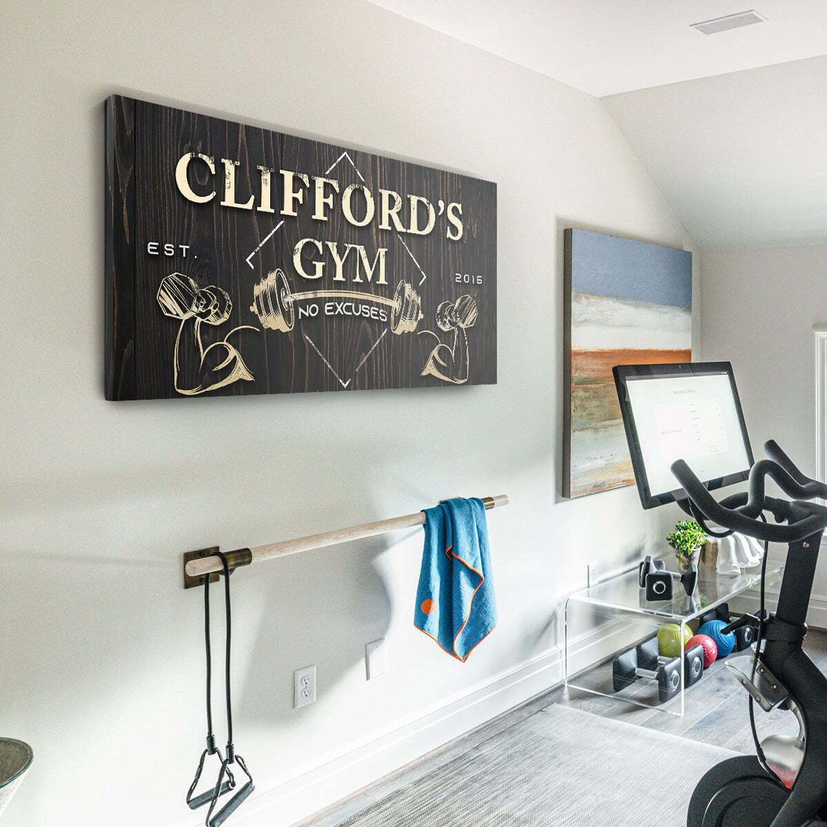 Personalized Gym Sign Wall Art Decor - Custom Motivational Canvas for Home Gym, Workout Room & Fitness Center - 60x30in Inspirational Workout Poster with Wooden Background - Perfect for Home Decor, Gym Wall Art & Fitness Motivation