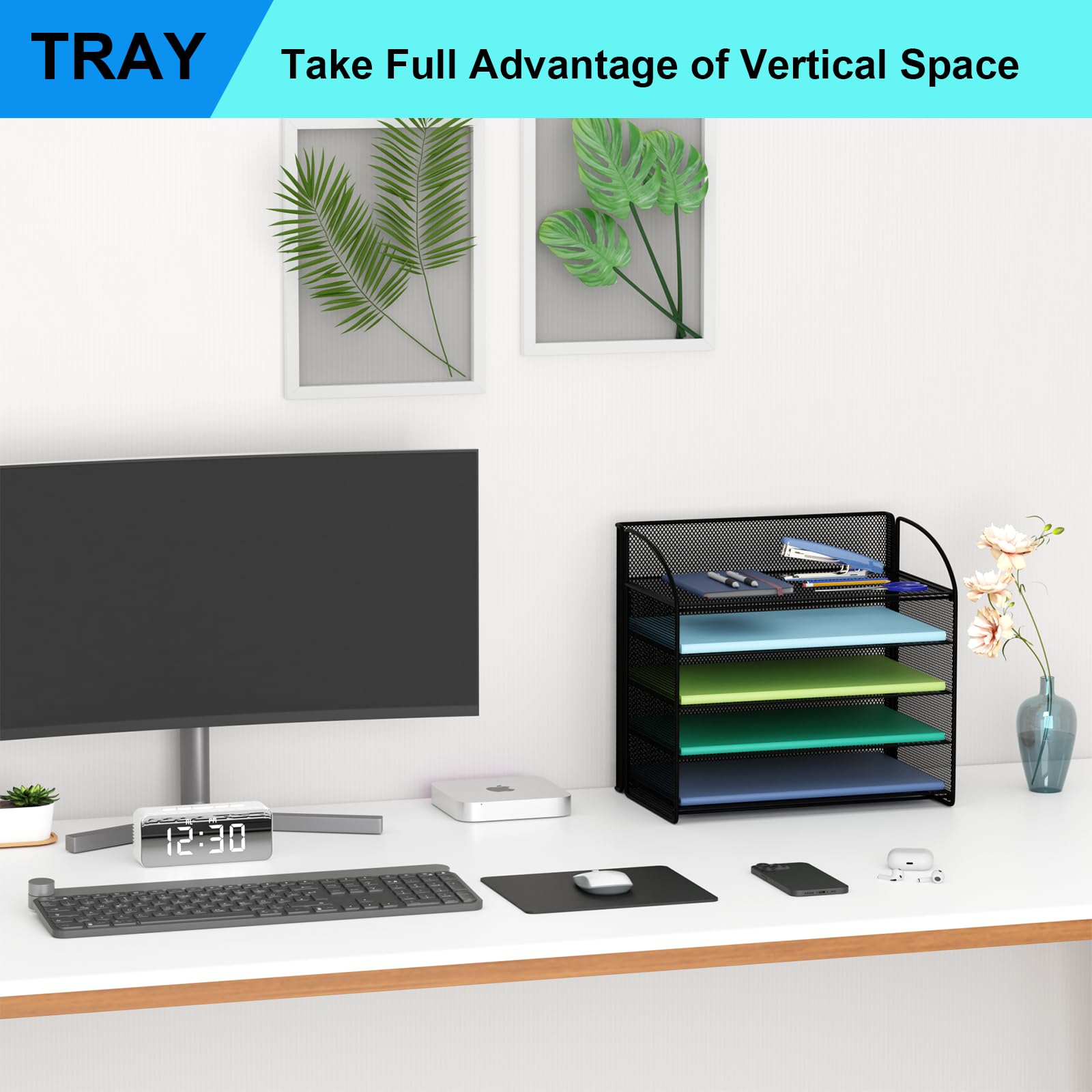 5-Tier Mesh Letter Tray Organizer with Handle - Black Desktop File Holder for Office Documents, Mail & Paper Storage - Perfect for Home, School or Workplace Organization (Ideal for Desk, Countertop & Shelf Use)