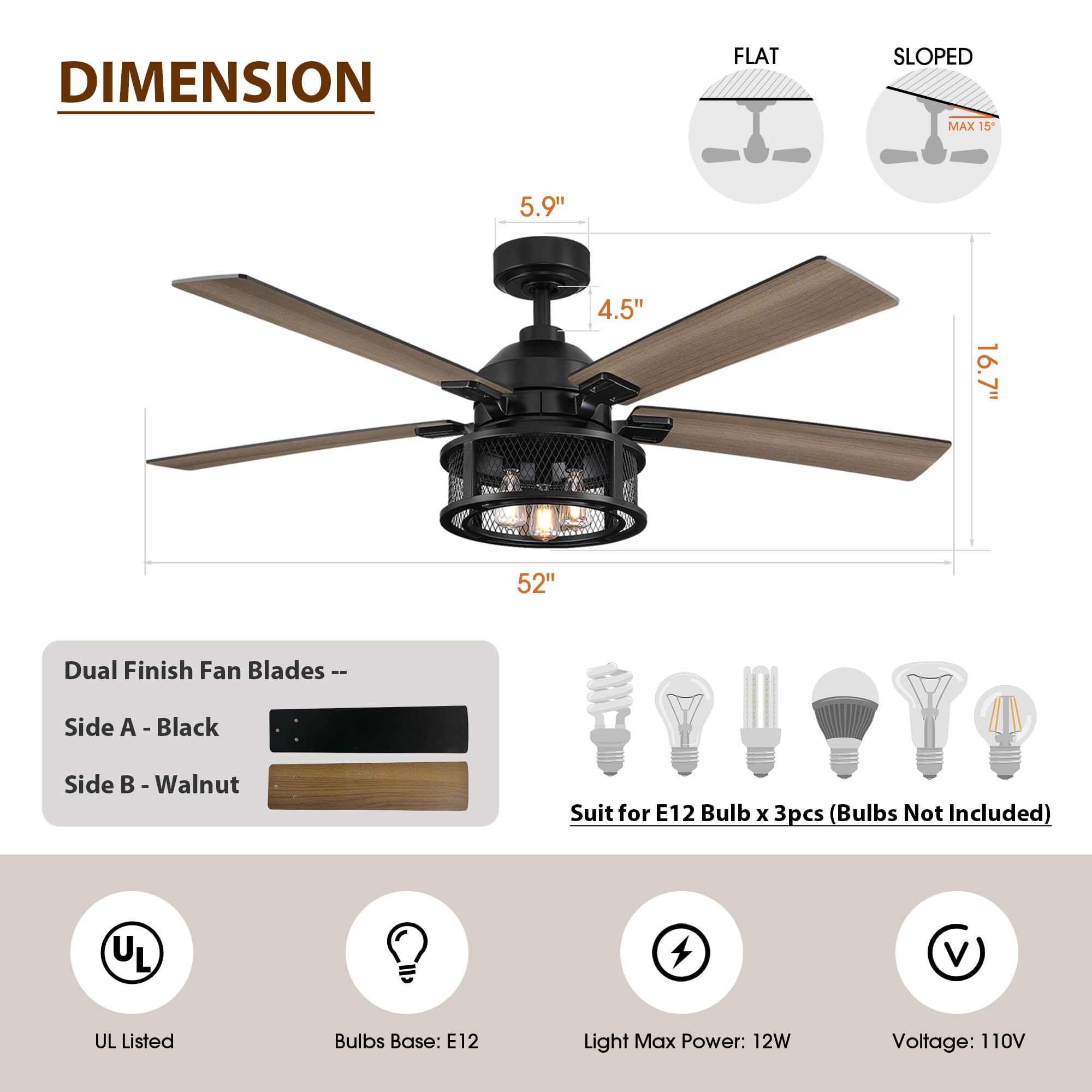 52 Inch Black Farmhouse Ceiling Fan with Remote Control, LED Light and Reversible Blades - Rustic Indoor/Outdoor Ceiling Fan for Bedroom, Living Room, Patio - Perfect for Home Cooling and Stylish Decor