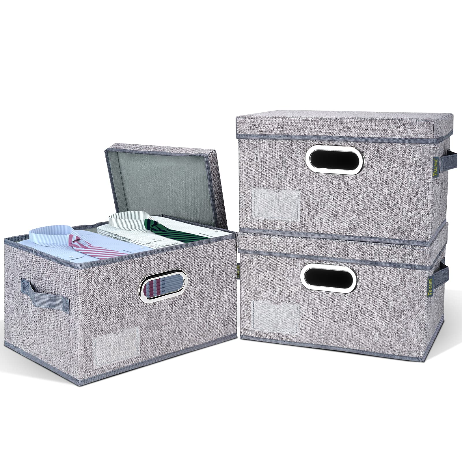 BALEINE Extra Large Foldable Storage Bins with Lids - 3 Pack Gray Fabric Closet Organizer Boxes for Bedroom, Office & Home Organization | Space Saving Collapsible Design for Seasonal Clothes, Toys & Blankets Storage