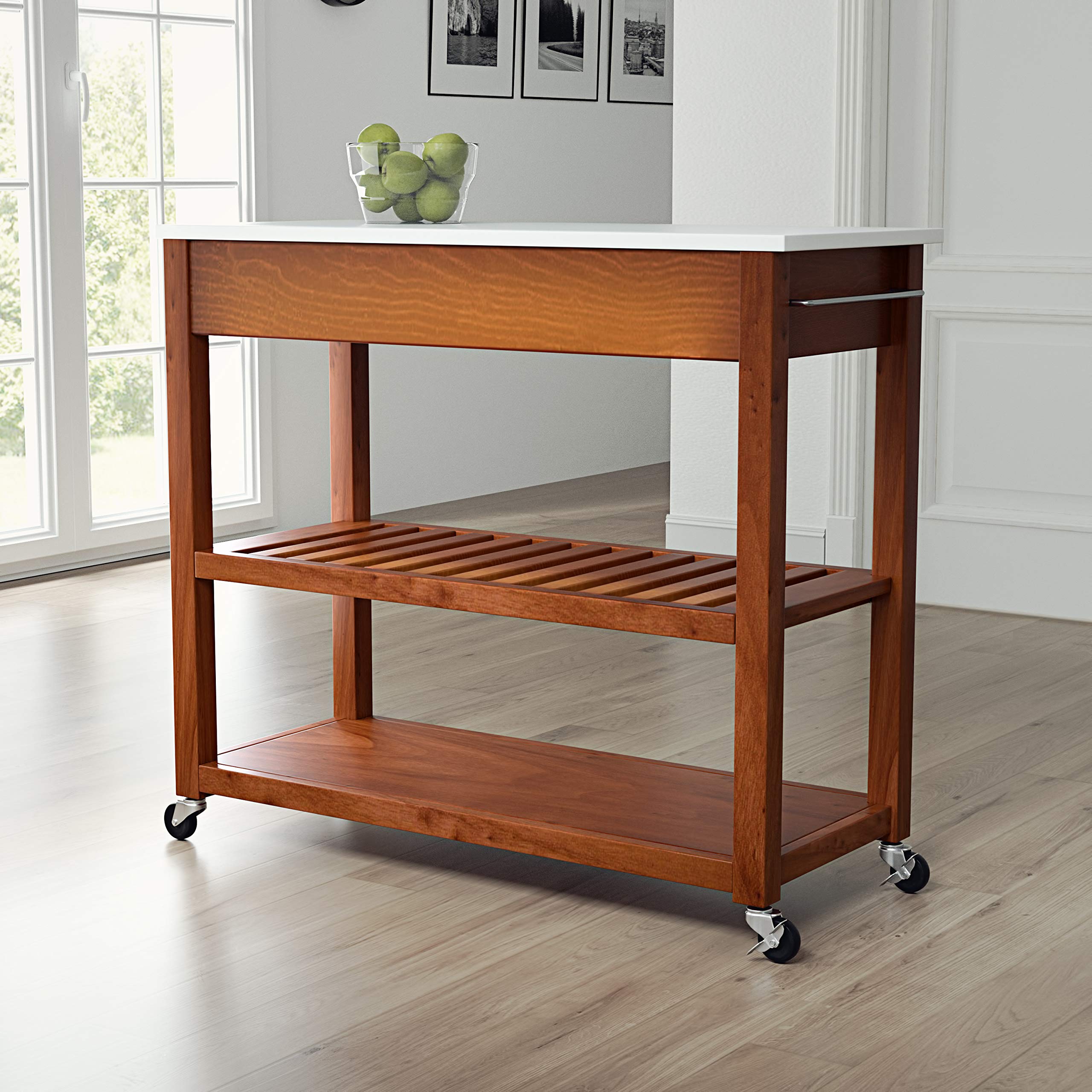 Crosley Furniture Cherry Wood Kitchen Prep Rolling Cart with Stone Top - Microwave Stand, Coffee Bar Station, Storage Shelves - Perfect for Small Kitchens, Apartments & Dorm Rooms
