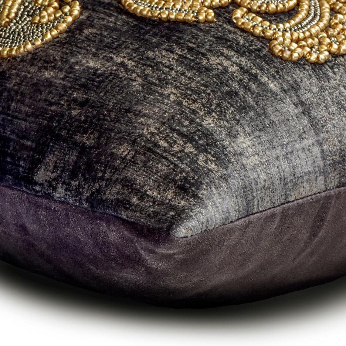 Luxury Velvet Beaded Euro Sham Pillow Cover 26x26 Inch - Gray Damask & Foil Throw Pillow for Sofa, Couch, Bed - Victorian Style Home Decor with Abstract Pattern (Perfect for Halloween Decorations & Living Room Accent)