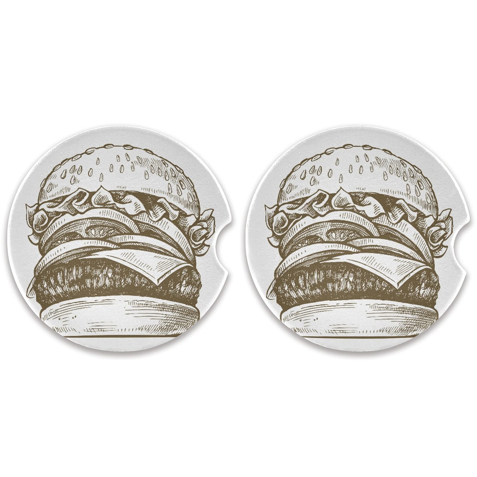 2.5 Inch Absorbent Hamburger Ceramic Car Coasters 2 Pack with Fingertip Grip for Drinks - Perfect for Car Cup Holders and Road Trips
