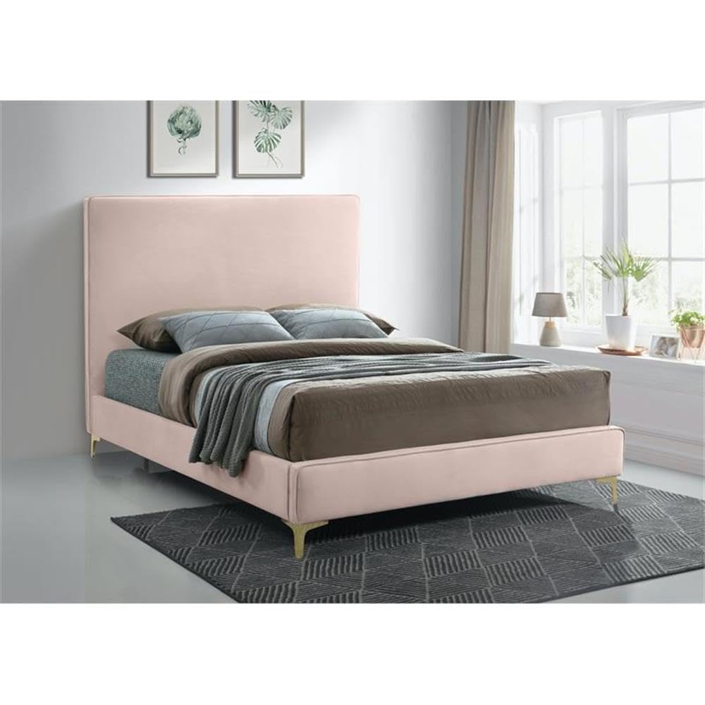 Modern Velvet Upholstered Bed with Gold/Chrome Headboard - Meridian Furniture Geri Collection Full Size Pink Bed for Luxurious Bedroom Decor | Contemporary Bedroom Furniture for Master & Guest Rooms