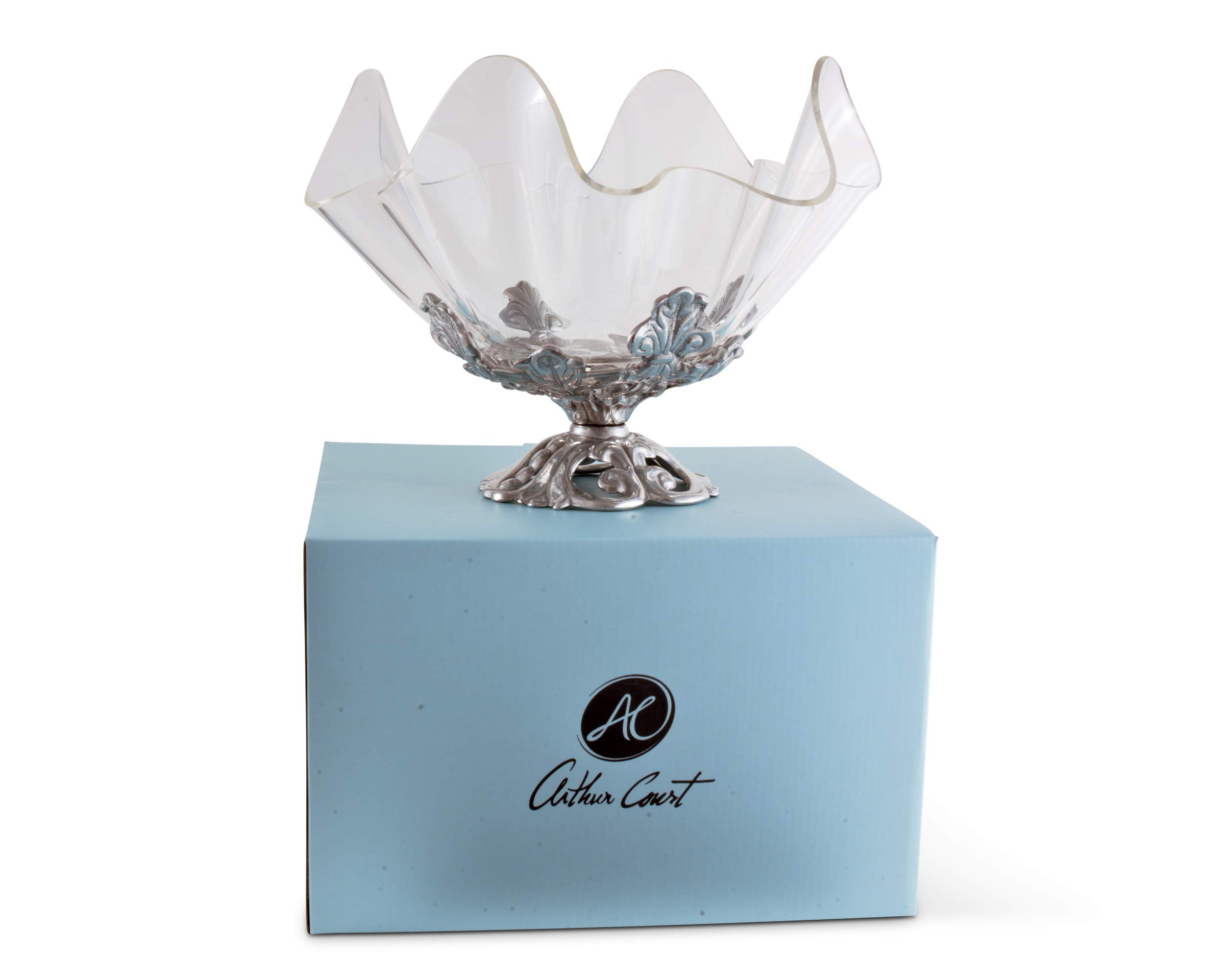 Arthur Court Designs Aluminum Fleur-De-Lis Stand with Acrylic Serving Bowl - 11 Inch Diameter, 9.25 Inch Height - Elegant Serving Tray for Parties, Weddings & Home Decor