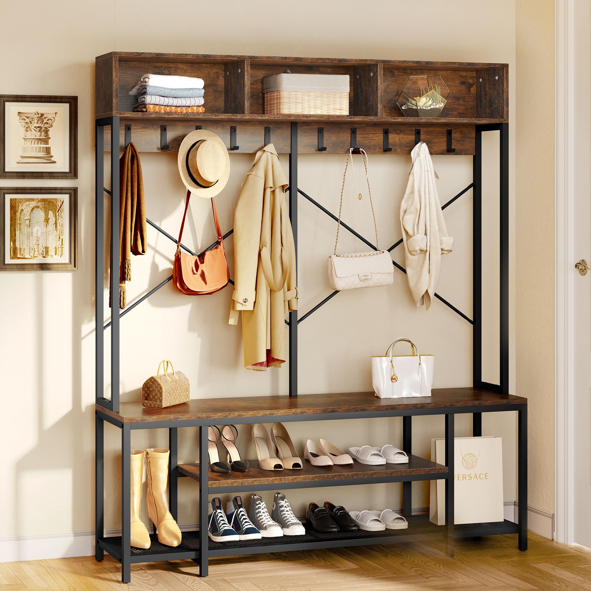 YITAHOME 5-in-1 Industrial Entryway Bench with Coat Rack & Shoe Storage - Freestanding Hall Tree Organizer with 10 Hooks & Shelves - Rustic Brown Wooden Shoe Bench for Hallway, Bedroom, Mudroom - Perfect for Small Spaces & Home Organization