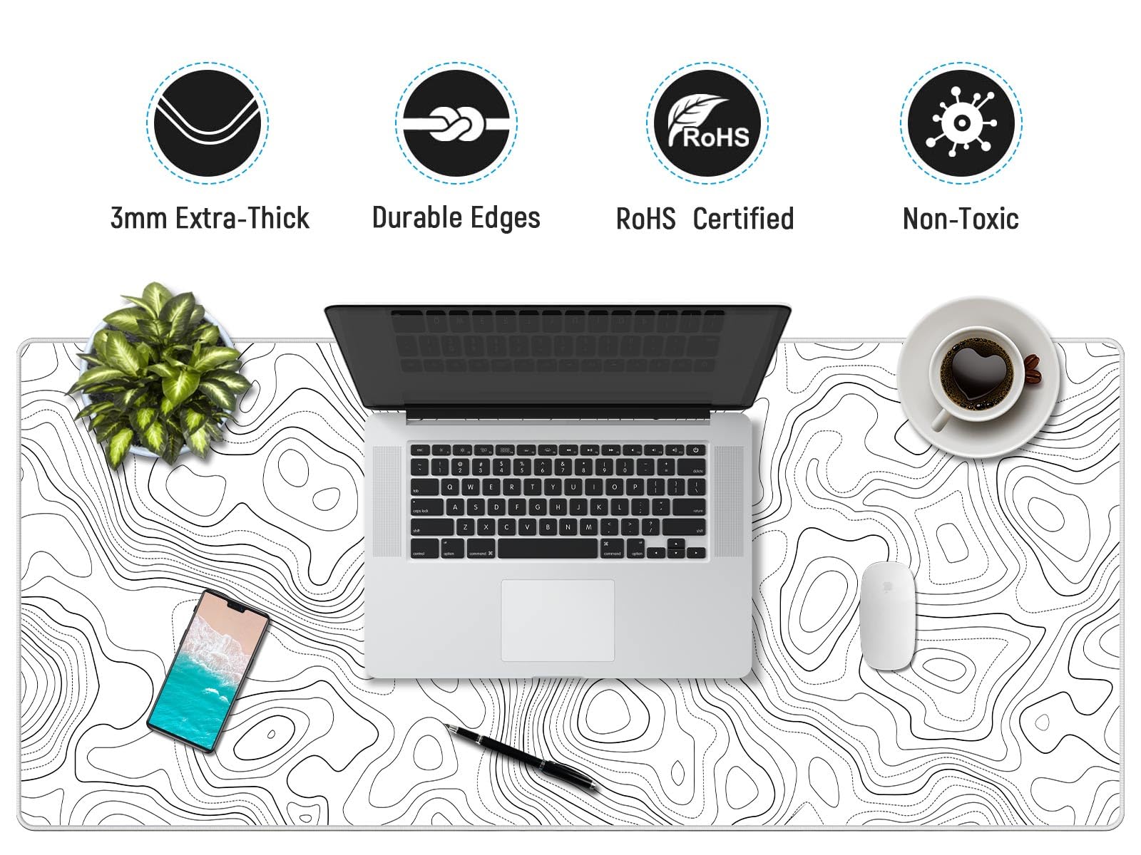 JIALONG XXL White Topographic Gaming Mouse Pad - Extra Large Mouse Mat for Keyboard & Mouse, Non-Slip Desk Pad for PC, Laptop, Office & Gaming Setup | Perfect for Esports, Work & Home Office Use