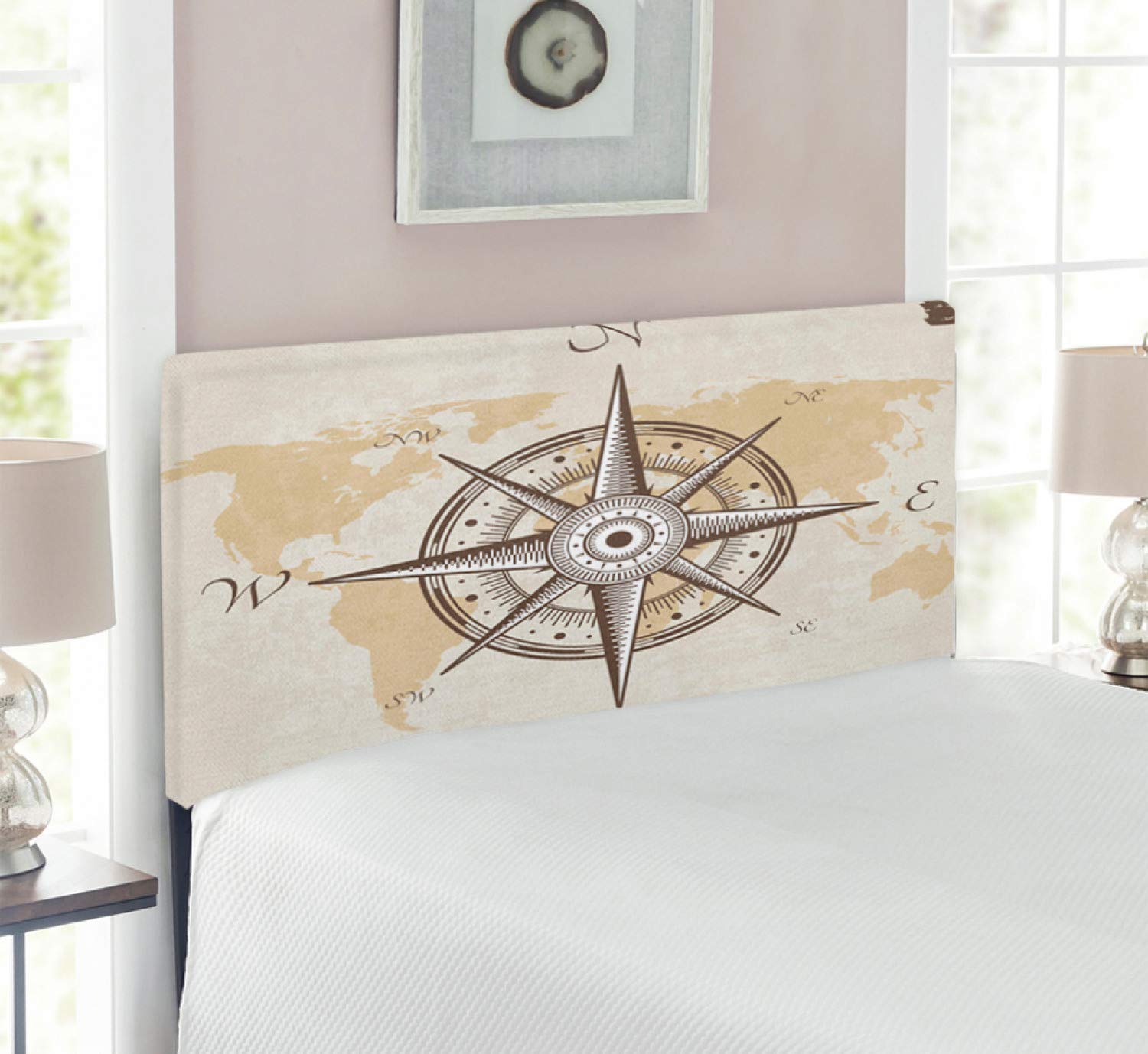 Lunarable Nautical Compass Headboard - Twin Size Upholstered Metal Bed Frame with Memory Foam, Vintage Old Map & Torn Border Design in Beige Brown | Perfect for Coastal, Nautical & Adventure Themed Bedrooms